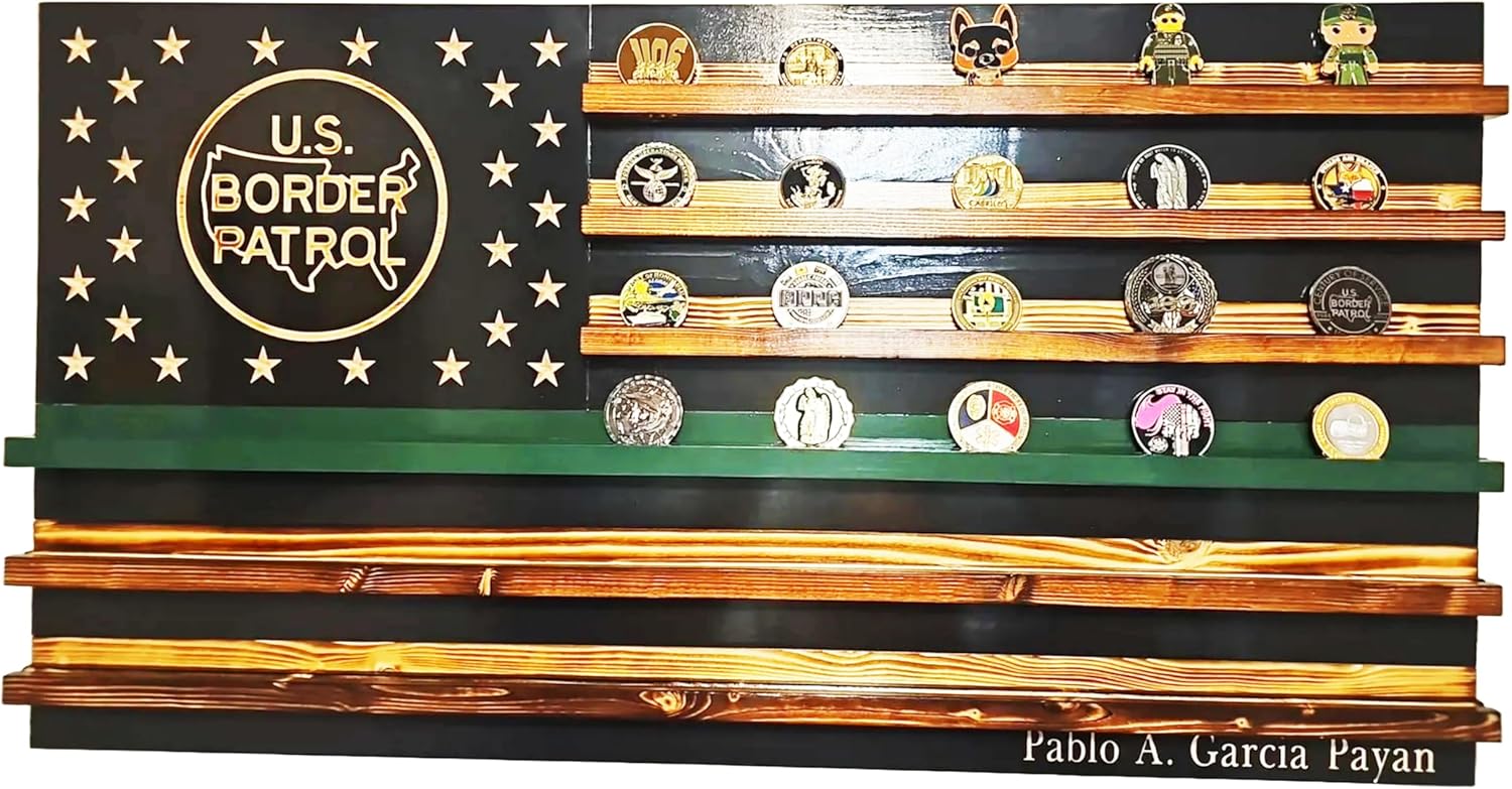 U.S. BP Thin Green Line Challenge Coin Holder Display, Wooden Shelves hold 90-100 Coins, for Military, Police, Law Enforcement, First Responders, Custom Handmade Quality, Made in Texas