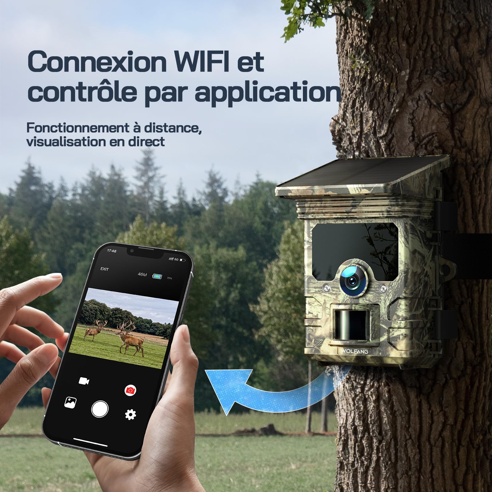 WOLFANG Caméra de Chasse Solaire 4K 30fps 68MP WiFi Bluetooth Camera Chasse Vision Nocturne IP66 Étanche pour la Surveillance de la Faune et la Sécurité à Intérieure