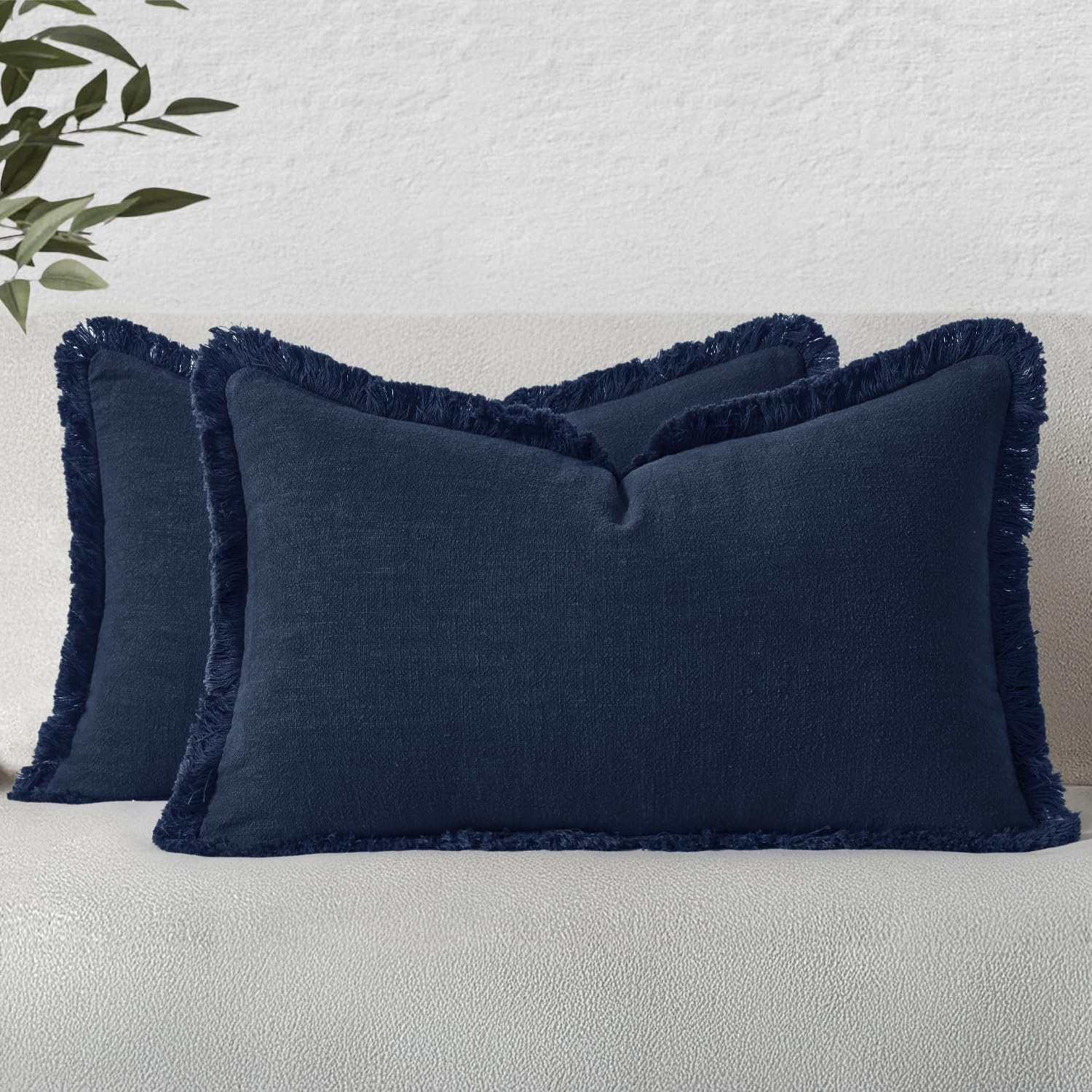 MIULEE Linen Fringe Decorative Lumbar Throw Pillow Covers Dark Navy 12x20
