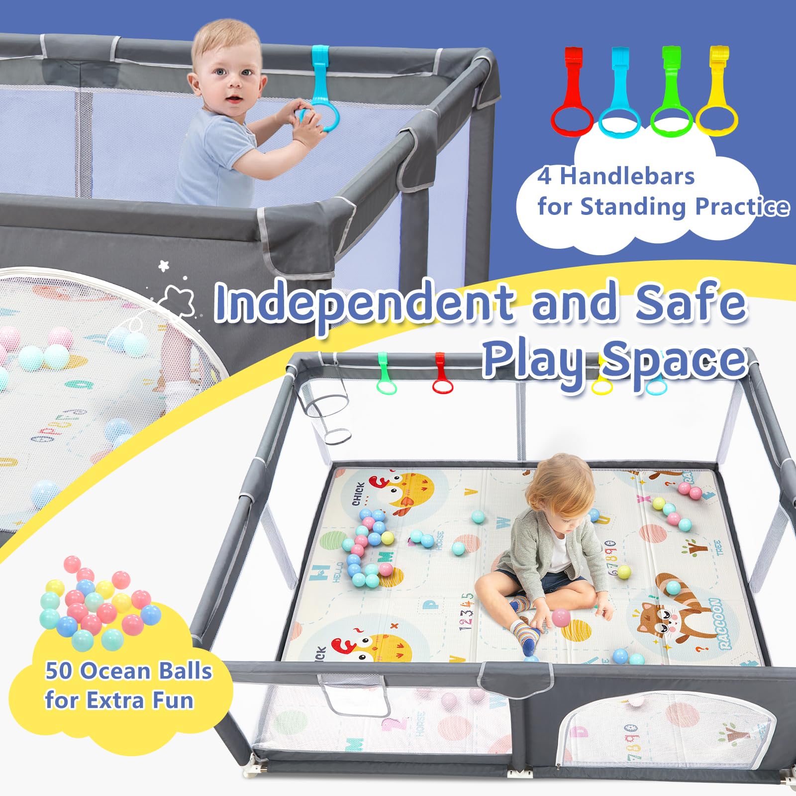 CHOLY Box per bambini 150 x 180 cm, con rete traspirante visibile, parco giochi extra grande (grigio scuro con tappetino da gioco B, 150 x 180 cm)