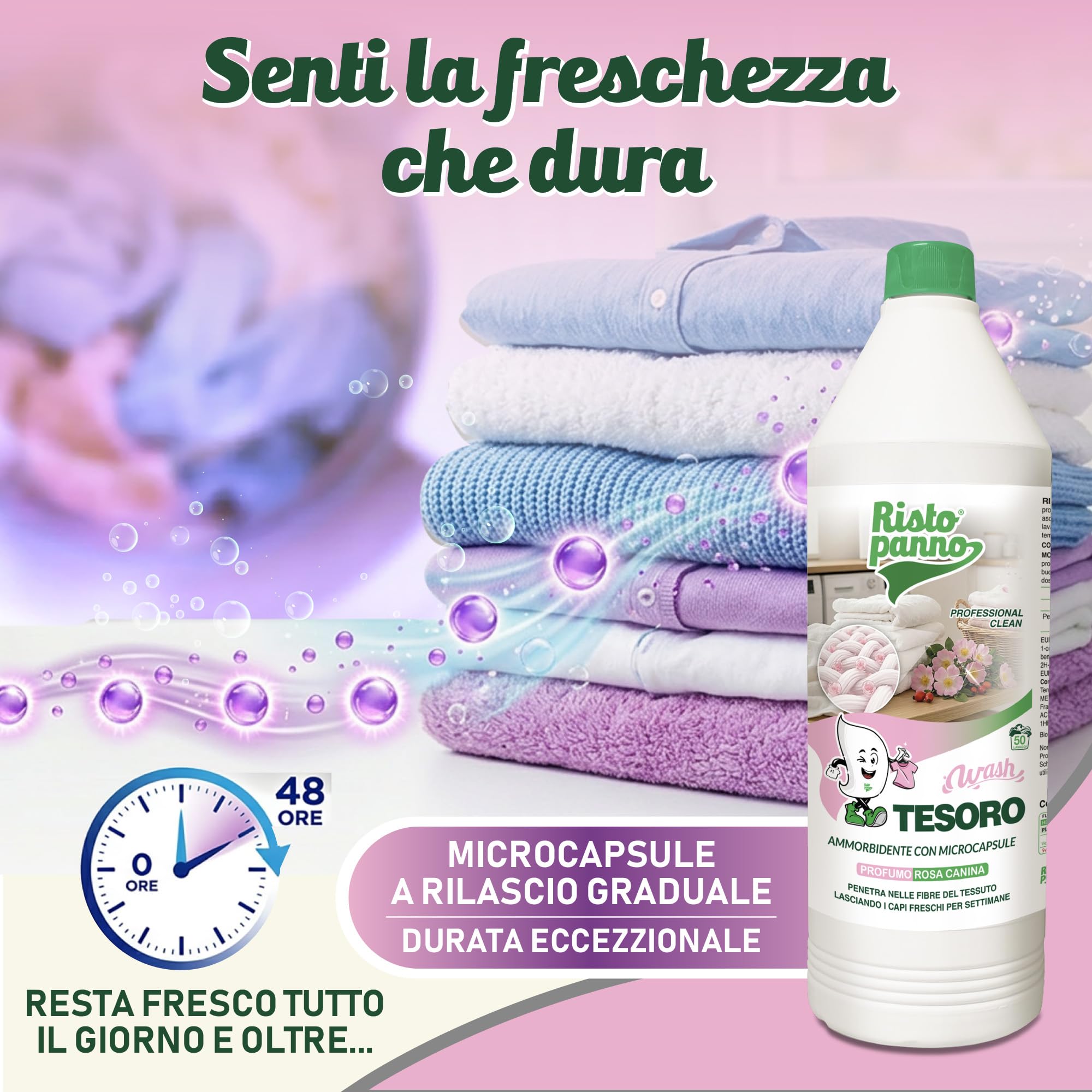 3 PZ x 1L Ammorbidente Lavatrice Concentrato con Microcapsule Profumate - Fragranza Rosa Canina - Azione Antistatica - Profuma Biancheria per Lavatrice e Bucato a Mano (WASH TESORO)