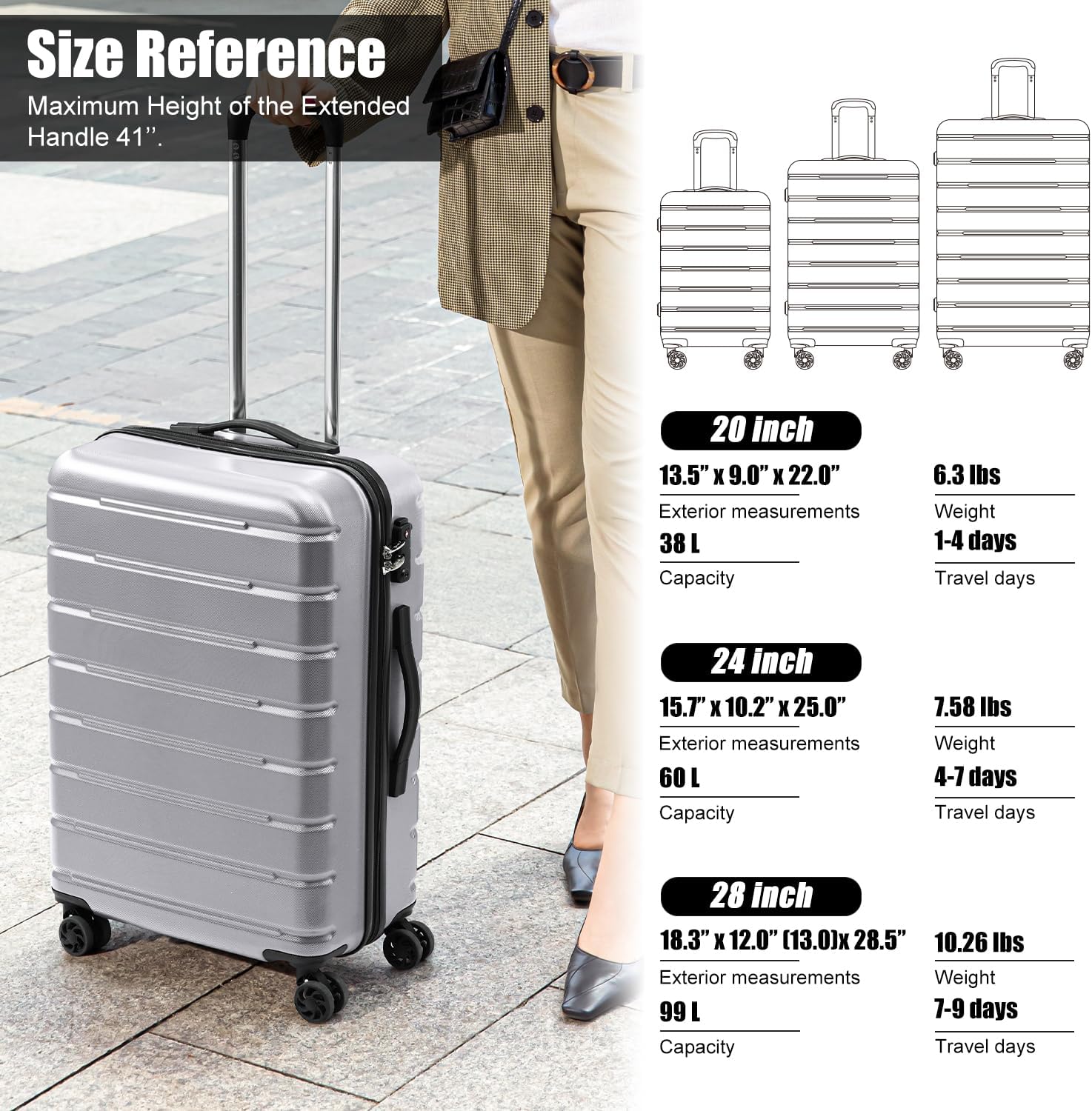 Coolife Luggage Suitcase Carry-on Spinner TSA Lock USB Port Expandable (only 28’’) Lightweight Hardside Luggage (Silver, S(20in_carry on)) - Image 7