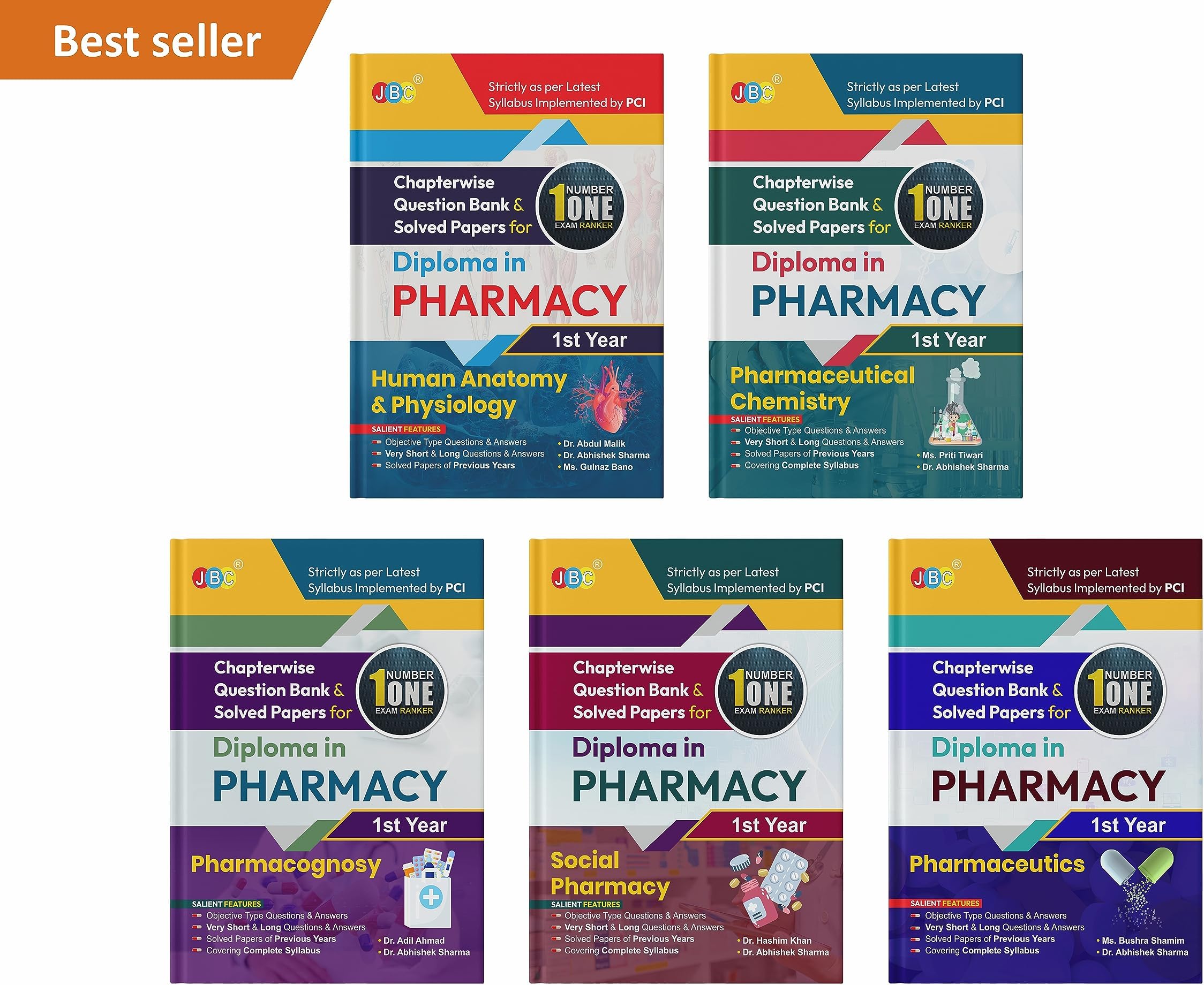 JBC PRESS Chapter-wise Question Bank & Solved Papers for Diploma in Pharmacy First Year Books (#1 Exam Ranker), (Complete Set of 5 Books), As per ER 2020 PCI Syllabus (English Medium), Latest Edition