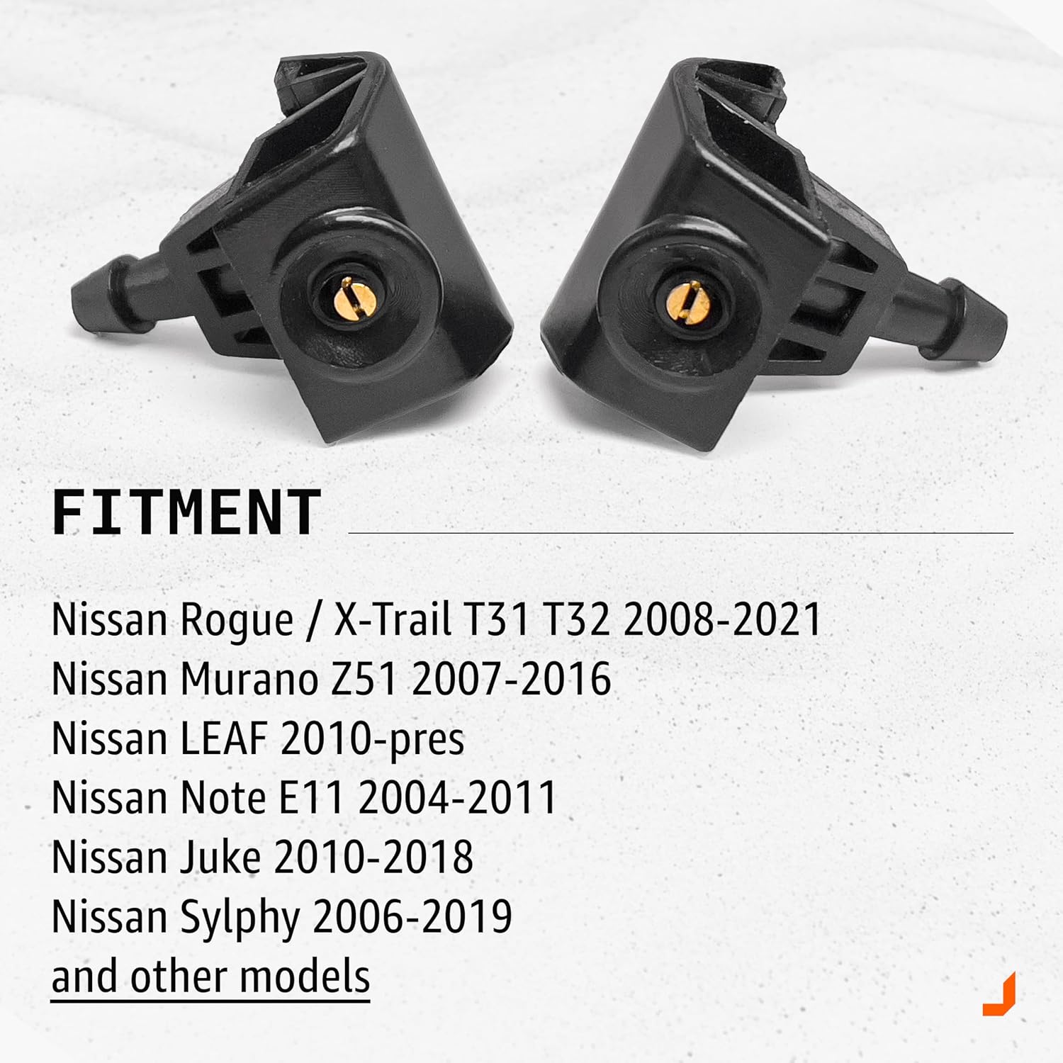 Click&Fit Windshield Washer Nozzles compatible with Nissan Rogue 2008-2021, Murano Z51 2007-2016, Leaf 2010-2024, Juke Note – Wiper water spray jets replaces 289323JA0A, 289314BA0A (Extended Set)