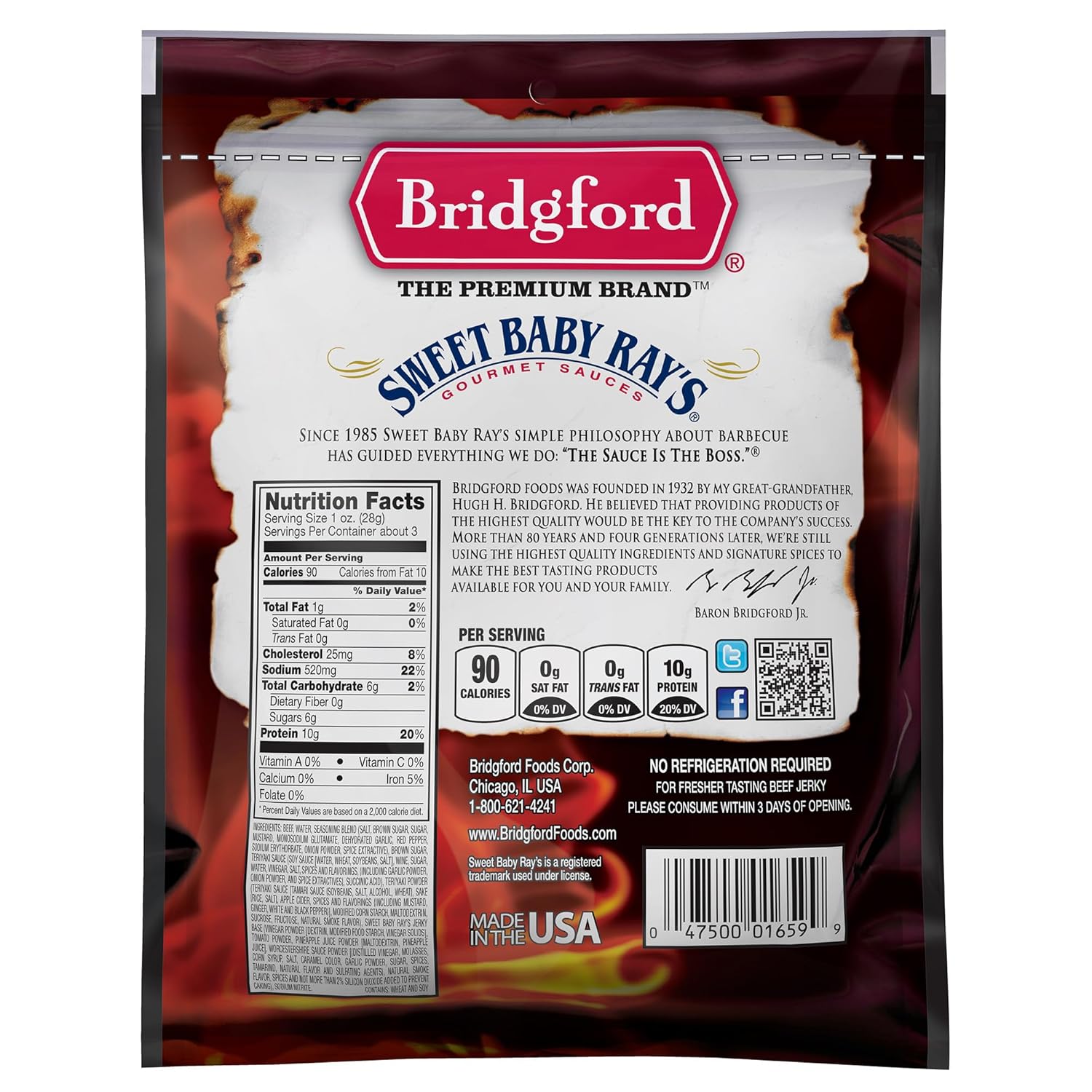 Bridgford Sweet Baby Ray's Beef Jerky Honey BBQ 3.25 oz Pack of 6 - High Protein Jerky for Midday Energy Boost or Post Workout Snack - Naturally Smoked Ready-to-Eat Meat Snacks for on the Go Snacking