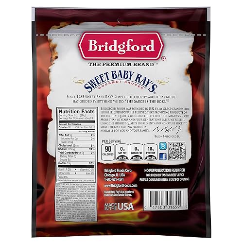Vista 2 de Bridgford Sweet Baby Ray's Beef Jerky Teriyaki dulce de 3.25 onzas, paquete de 2 – Snacks ricos en proteínas para dietas bajas en carbohidratos