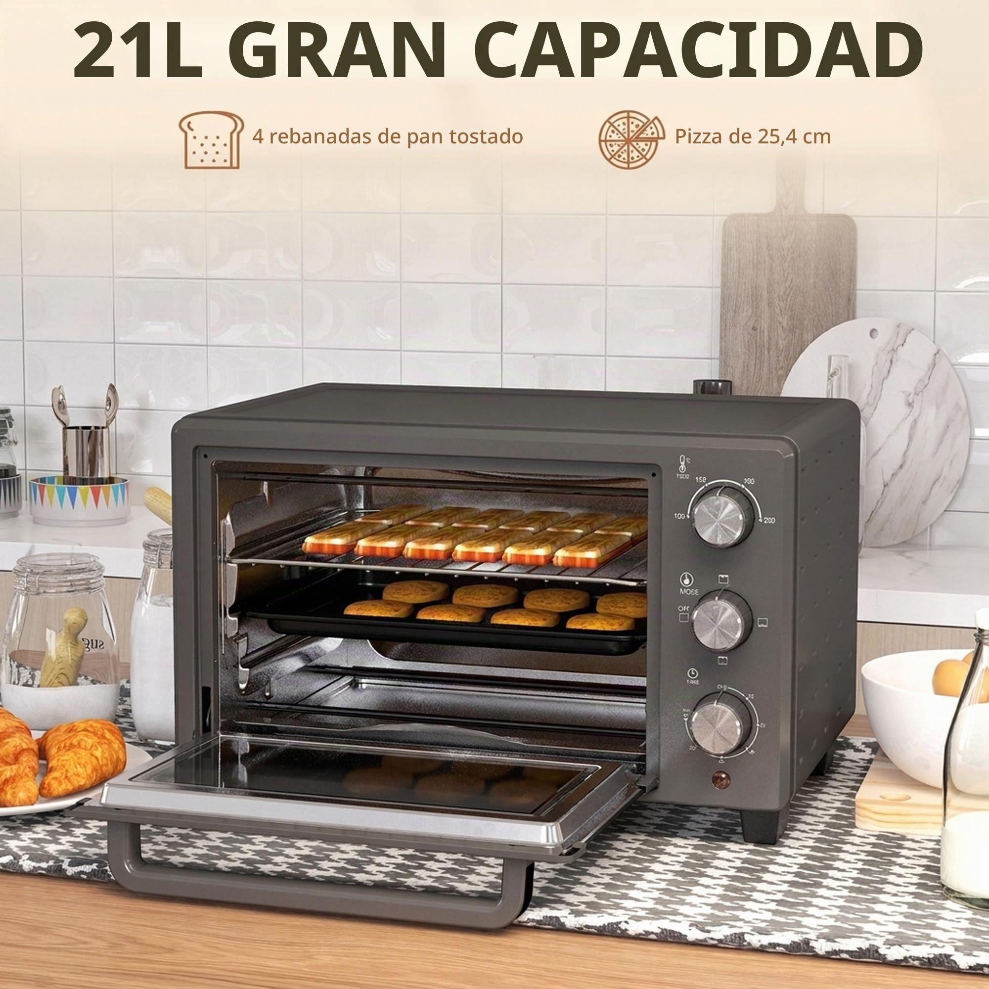 HOMCOM Mini Horno 21L 1400W 100-230°C 60 Min con Ventana Gris