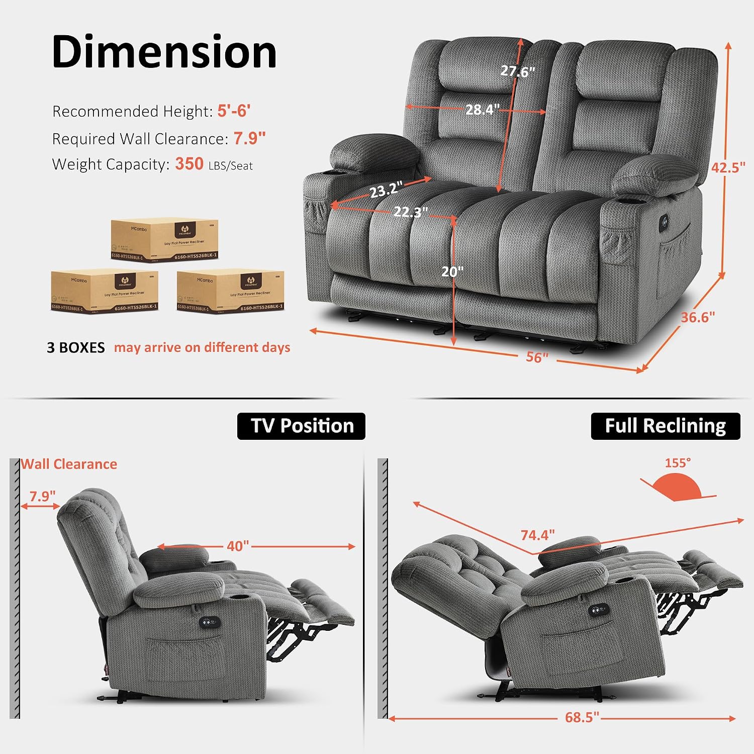 MCombo 55.9" Zero Gravity Power Loveseat Recliner with Heat and Vibration Massage, Reclining Loveseat Sofa with USB Ports, Cup Holders for Living Room, Fabric PR648SET (Grey)