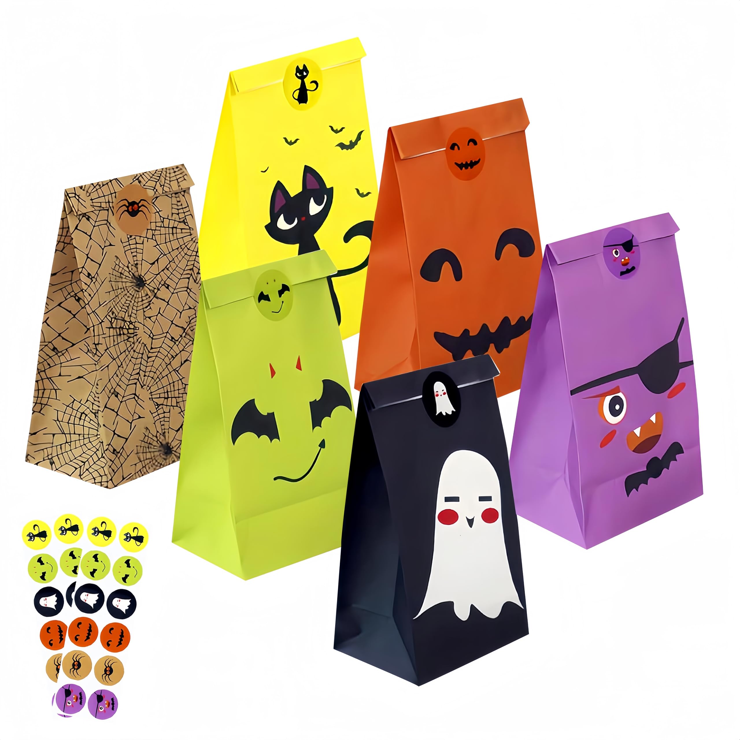 Halloween Party Bags,24Pcs Paper Gift Bags with 24 Pcs Stickers,23×8×12cm Candy Paper Bag for trick or treater,Loot Gift Bag for Kids Halloween Party Supplies（6 Styles）