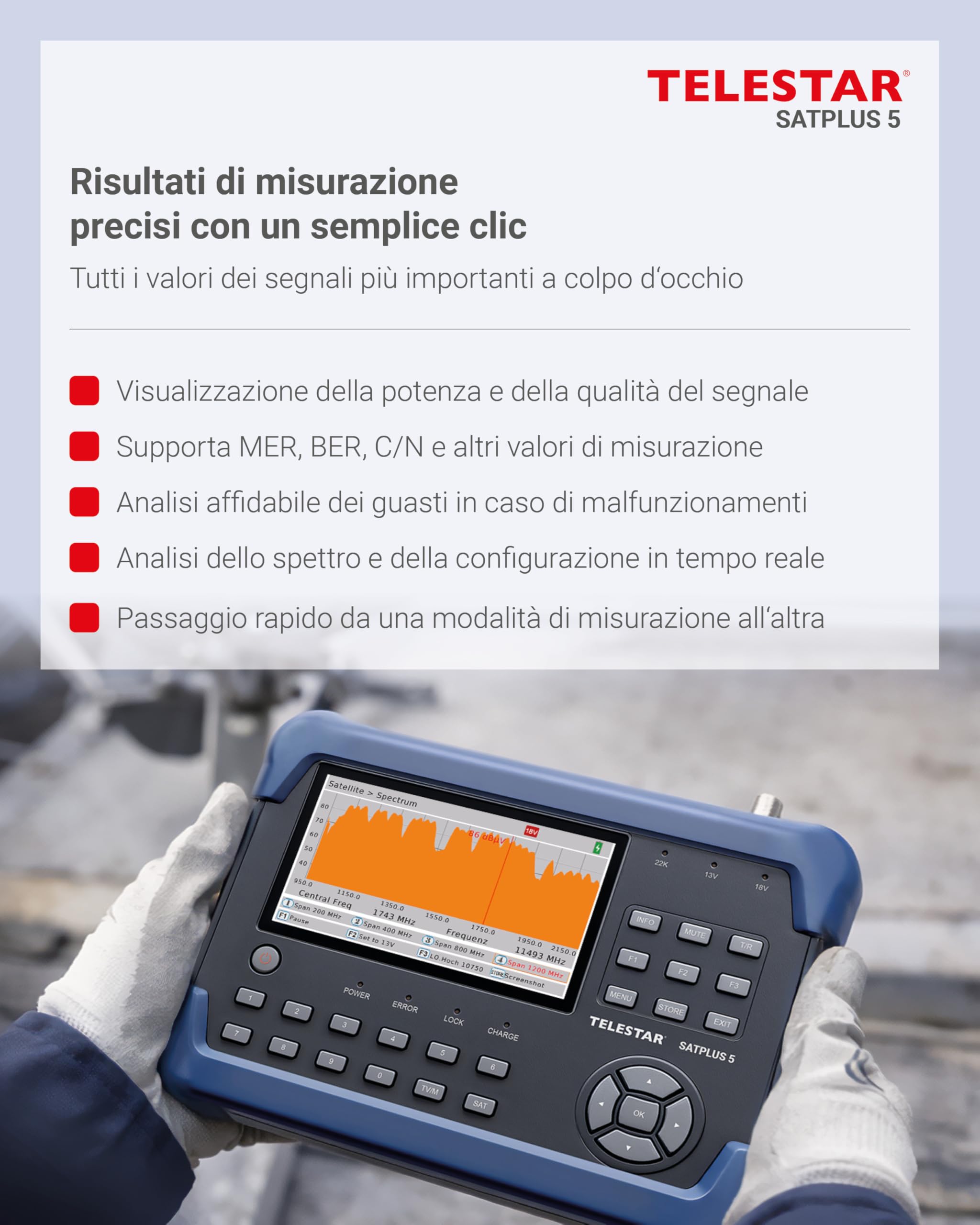 TELESTAR SATPLUS 5 – Misuratore SAT (per DVB-S/DVB-S2/DVB-C/DVB-T2, Unicable, schermo da 5″, TV in diretta)