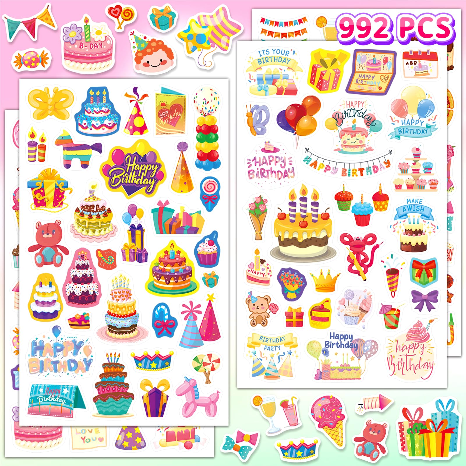 Yqskt 992 PCS Happy Birthday Stickers for Kids Adults, 32 Sheets Birthday Stickers Bulk for Classroom Scrapbooking Cute Sticker for Party Favor Gift