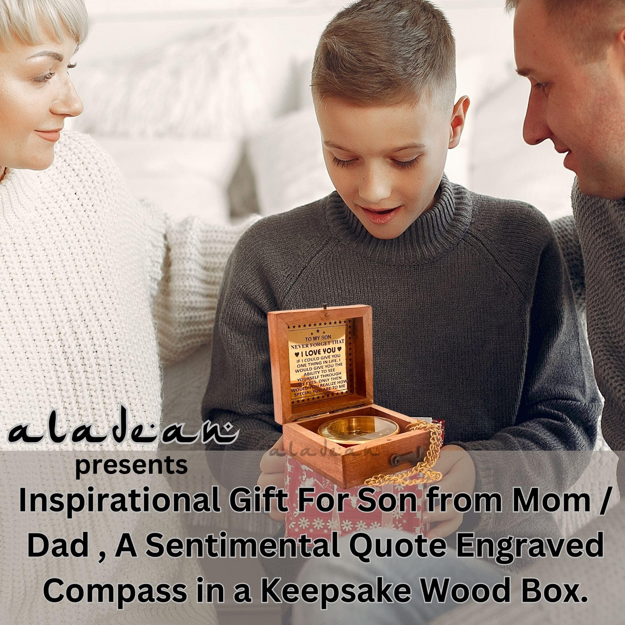 Divine Path Finder Boussole gravée « To My Son » dans une boîte en bois, faite à la main, cadeau de maman à fils, cadeau papa à fils