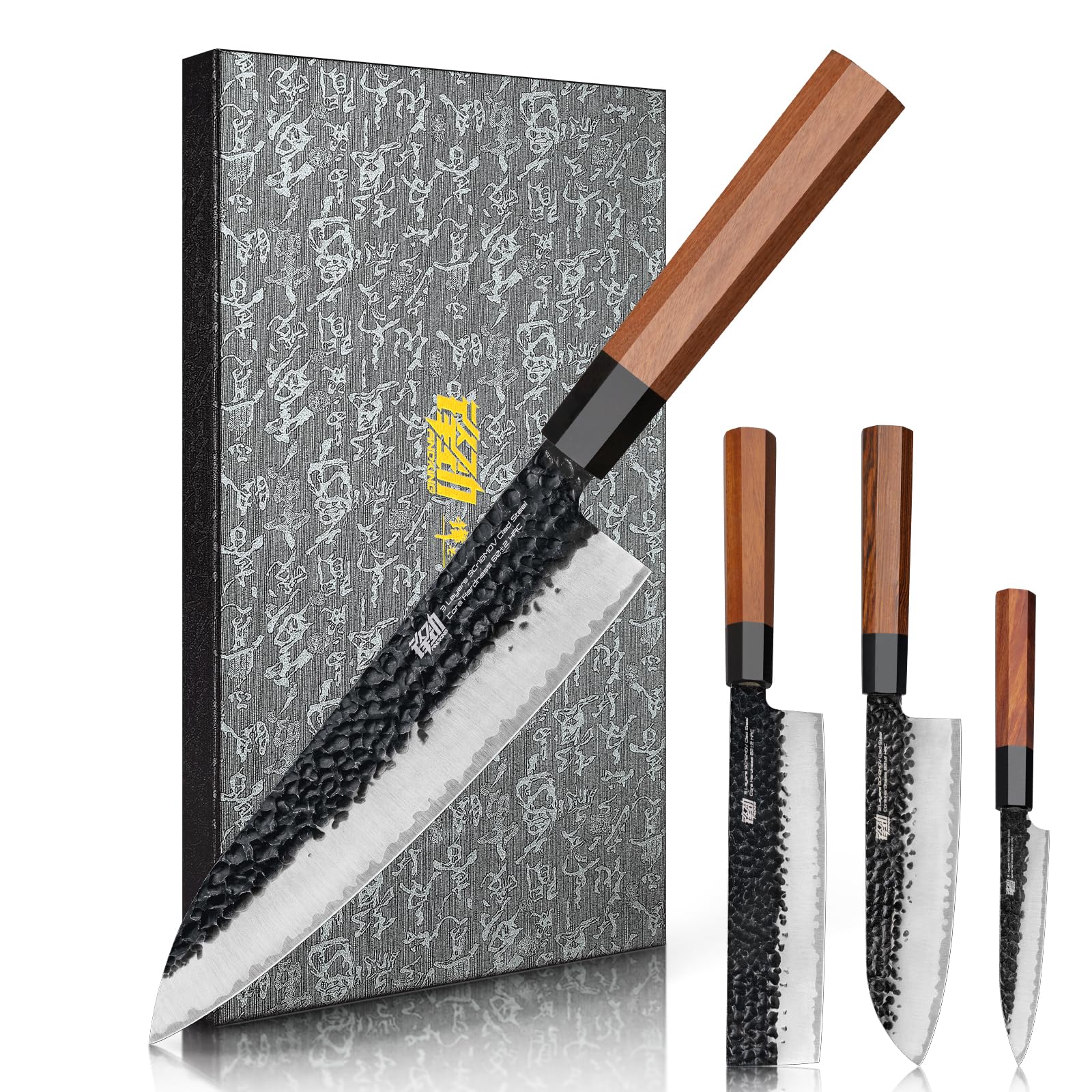 FINDKING Dynasty Series 4PCS Kitchen Knife Set, Professional Japanese Chef Knife Set, 9Cr18MoV High Carbon Steel Blade, African Rosewood Octagonal Handle, for Meat, Fruits, Vegetables