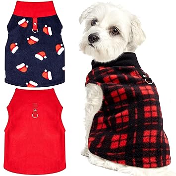 3 Pieces Christmas Small Medium Dog Sweater Pet Clothes with Leash Ring Soft Fleece Pullover Puppy Warm Sweaters Santa Hat Pattern Vest Xmas Red Plaid Winter Clothes for Cats (Medium)