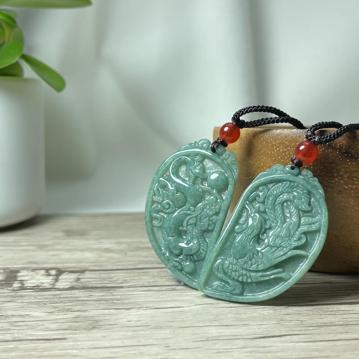 Real Jade Dragon Phoenix Couple Necklace Jewelry, Green Jade Pendant Charm, Heart Shape Matching Pair, Wedding Valentine Gift Idea - Image 2