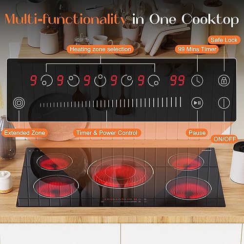 Miniatura 5 de Placa de cocina eléctrica de 36 pulgadas, cocina eléctrica de 5 quemadores incorporada, 9200 W, 9 niveles de potencia, estufa eléctrica