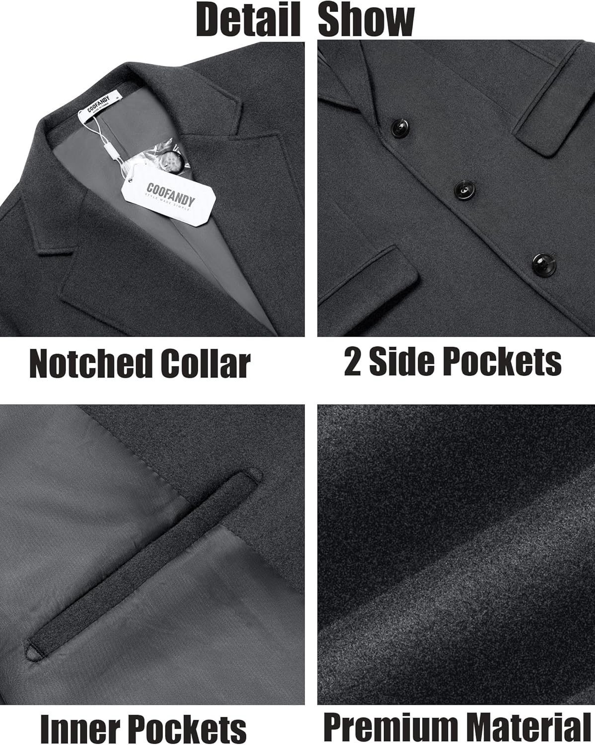 COOFANDY Mens Trench Coat Long Casual Single Brested Overcoat Winter Notched Collar Wool Blend Pea coat With Pockets - Image 4