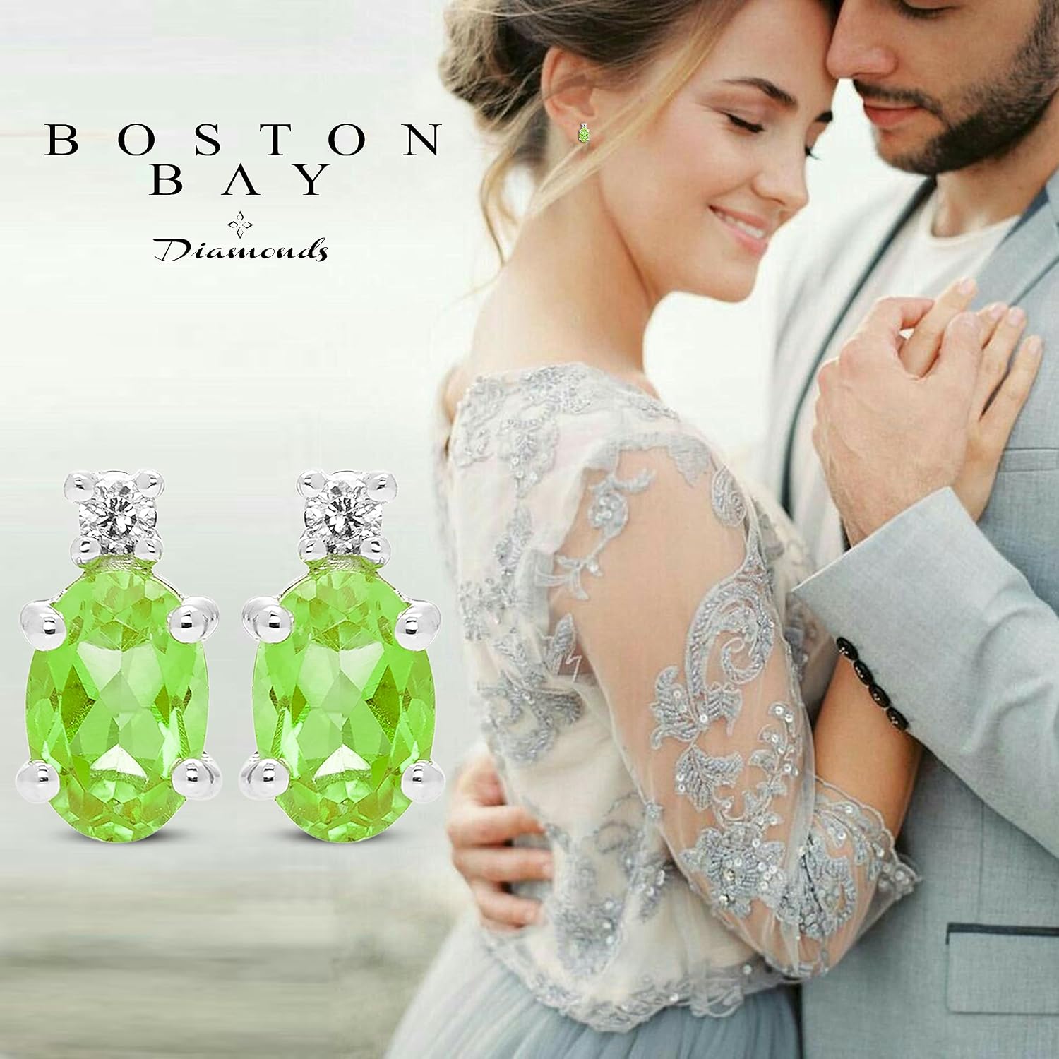 Boston Bay Diamonds 925 Sterling Silver Oval Birthstone Gemstone & Diamond Stud Earrings