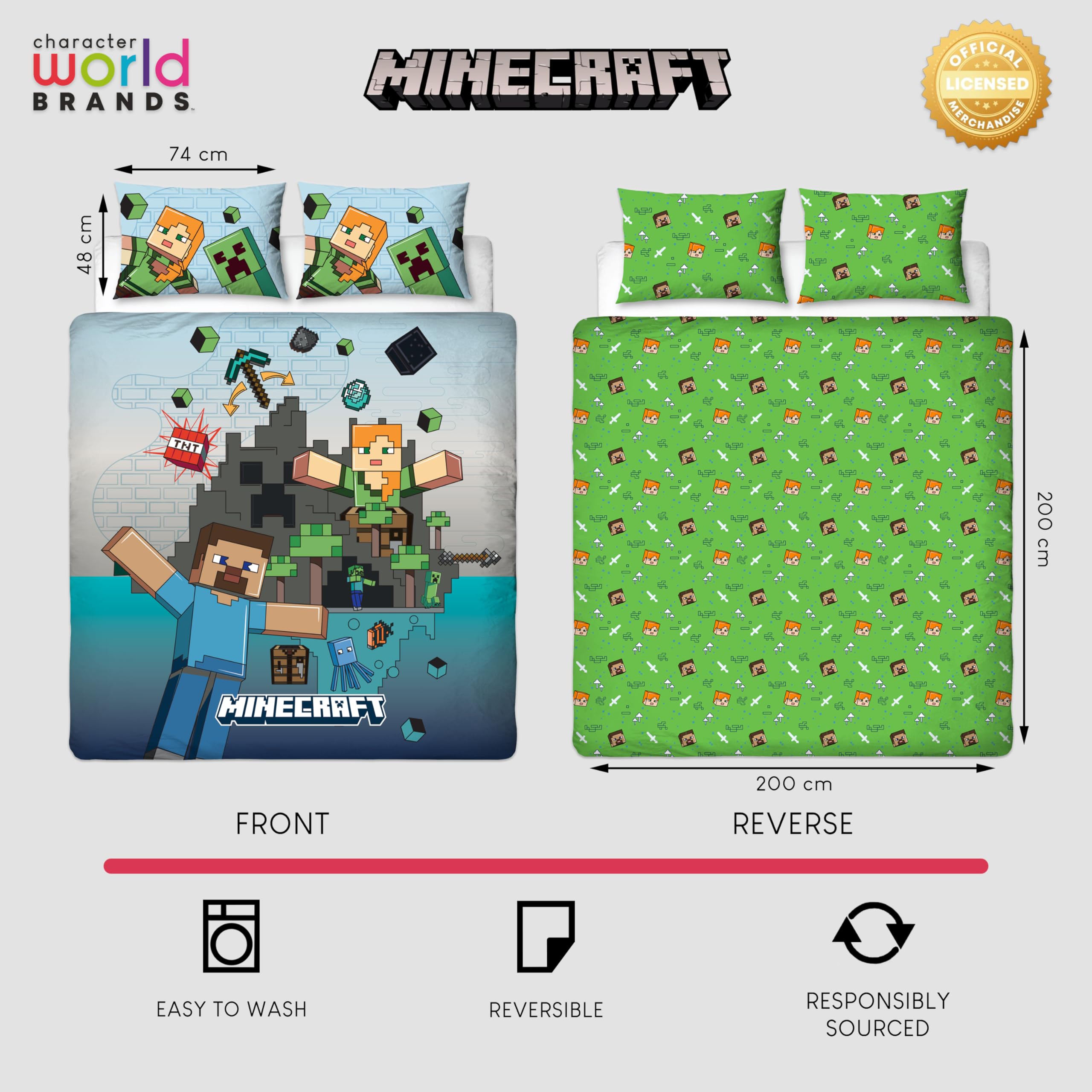 Set copripiumino matrimoniale ufficiale del film Minecraft di Character World | Biancheria da letto reversibile a 2 lati con design Levels e federe abbinate | Set letto matrimoniale