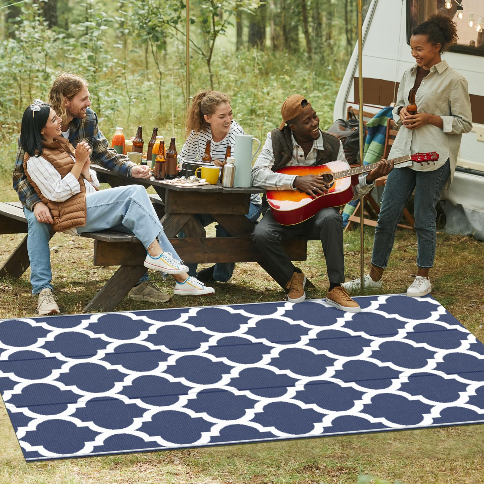 NFECO Reversible Rugs Plastic Rug Outdoor Rug Lightweight Outside Mats Modern Outdoor Rug for Patio Portable Mats for RV Backyard Deck Picnic Beach (9 * 12, Blue)