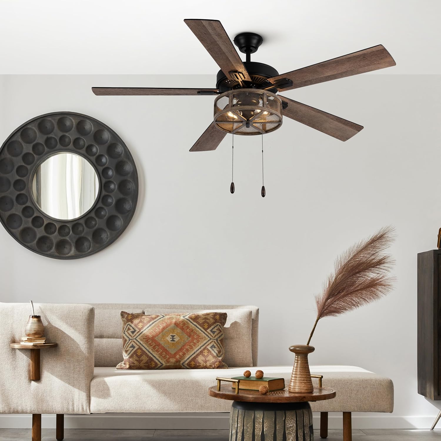RIVER OF GOODS 52 Inch LED Modern Farmhouse Ceiling Fan with Light - Rustic Ceiling Fans with Lights - Elegant Industrial Fan with Mesh Metal Caged Shade - Brown