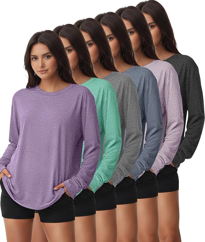 Kinglaman 6 Pack Women Workout Tops Gym Shirts Dry Fit UPF 50+ Athletic Tee | Crew neck, Yoga sport lightweight activewear with UV protection