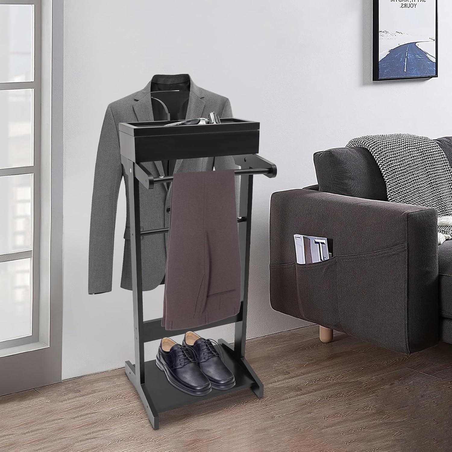 Wood Mens Valet Stand With Shoe Shelf, Coat Hanger Kuwait Ubuy
