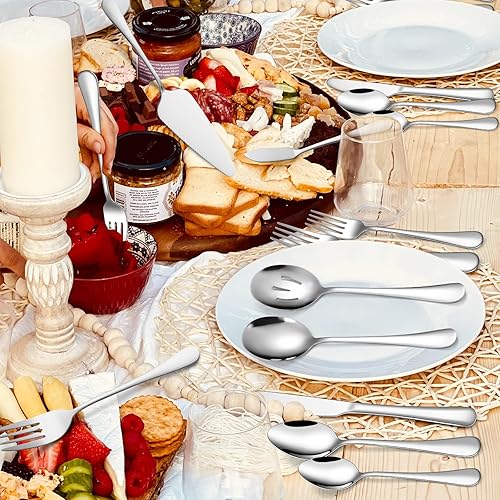 Miniatura 6 de Juego de cubiertos finos de 45 piezas para 8, de acero inoxidable, resistente, con utensilios para servir, utensilios de comida pesados, cubiertos