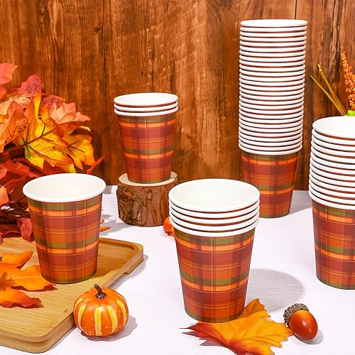 Miniatura 3 de Whaline 50 vasos de papel de Acción de Gracias de otoño, color naranja, rojo, verde, búfalo, vasos desechables para fiesta de otoño para jugo, café,