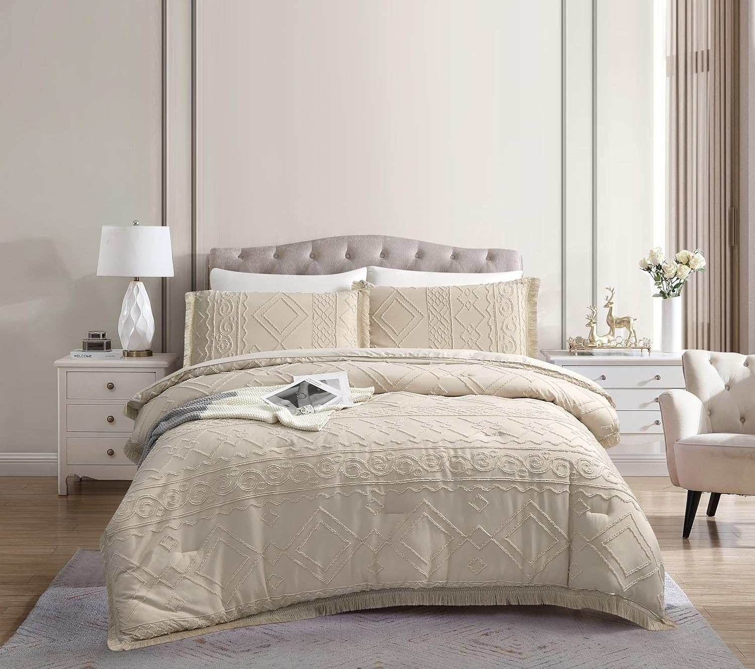 Boho King Size Comforter Set Beige 3 Pieces Tufted Tassel King Comforter Set Prime Lightweight Down Comforter King Size Beige Shabby Chic Boho Bedding Farmhouse Fluffy Comforter Bed Set Gift Choice