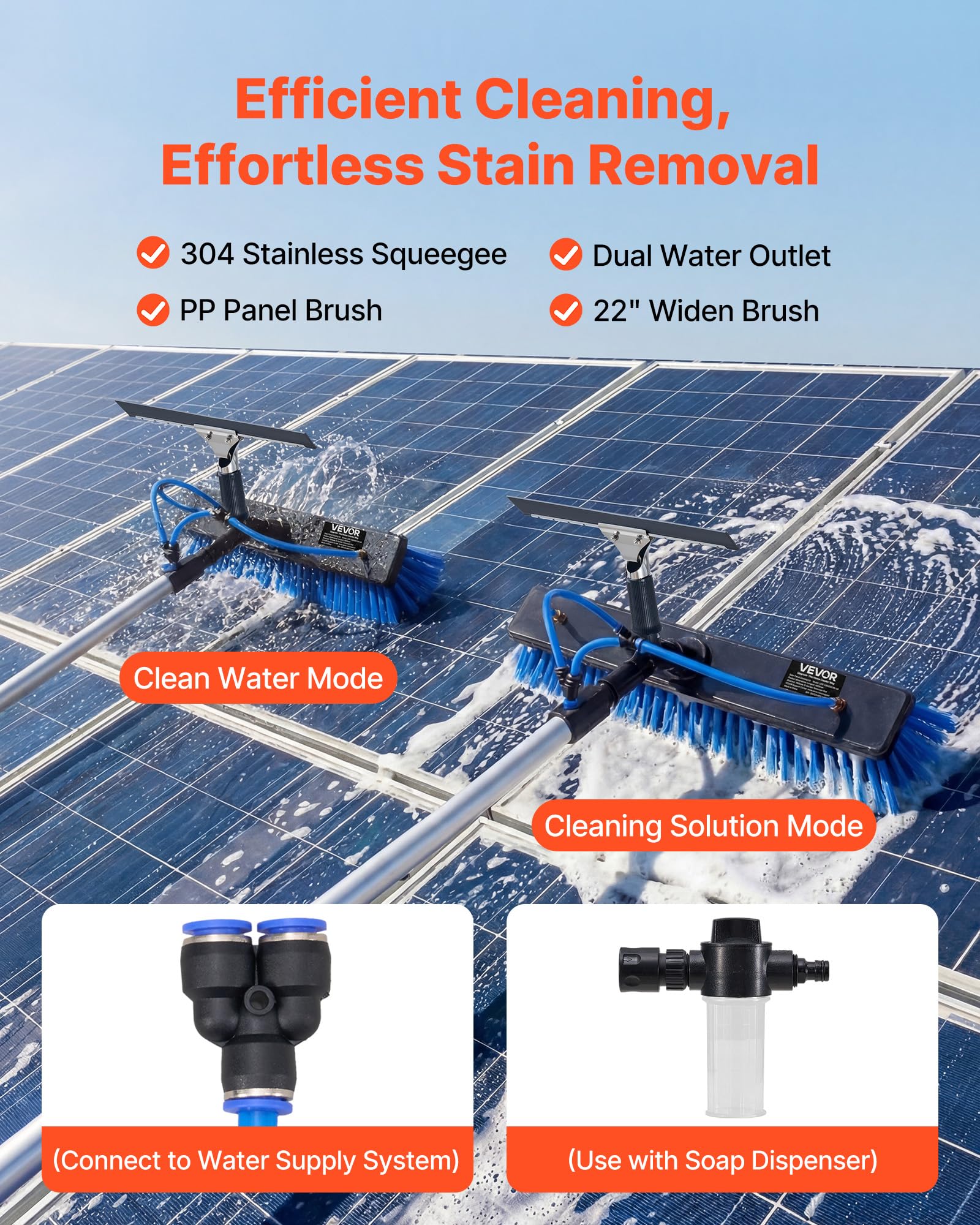 VEVOR Kit di Pulizia per Pannelli Fotovoltaici, 10 m, Spazzola 2 in 1 con Asta Telescopica in Alluminio per Lavaggio di Pannelli Solari, con Tergivetro, Dispenser di Sapone, Testa Ruotabile a 180°