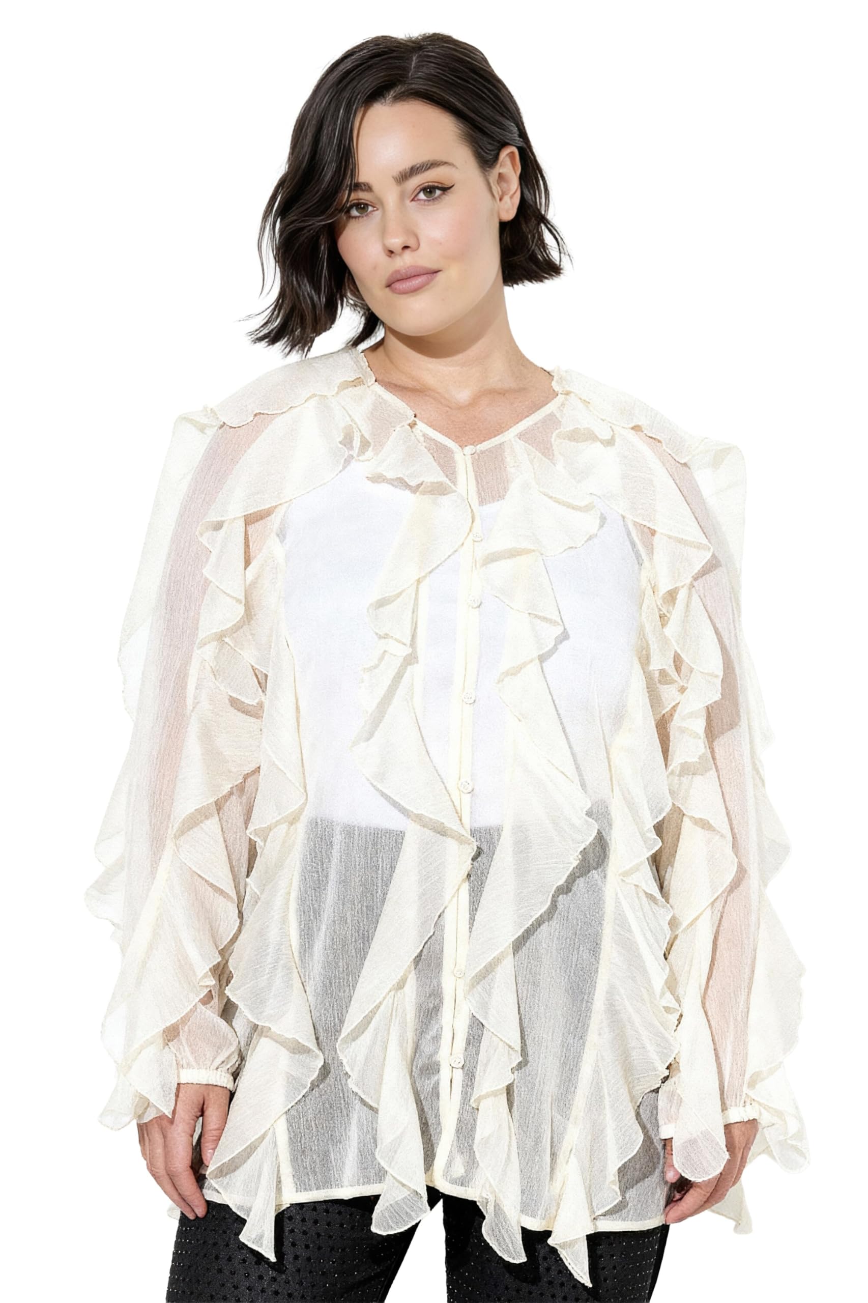 Ulla Popken Damen große Größen Übergrößen Plus Size Bluse, Volants, A-Linie, V-Ausschnitt, Langarm 848468