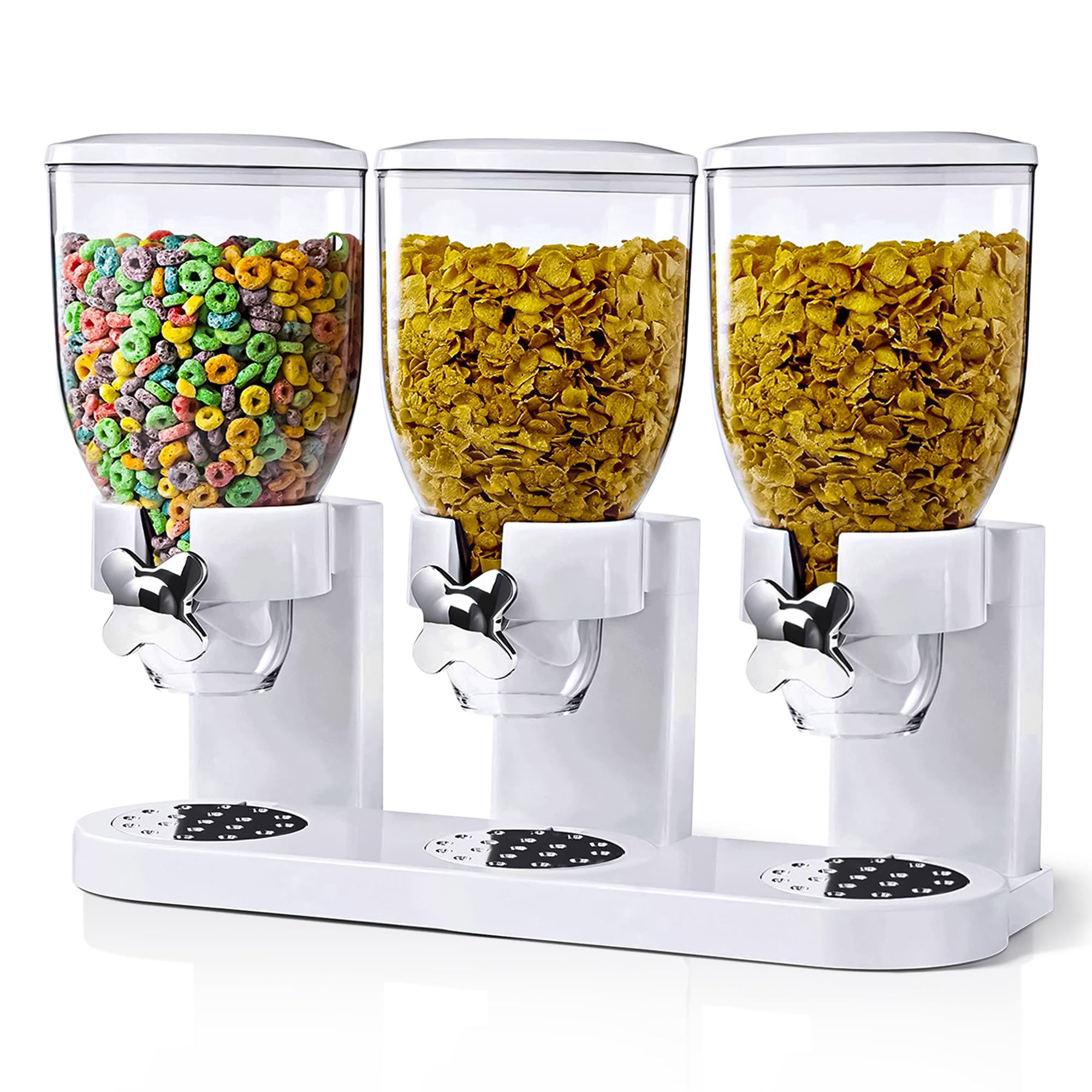 Triple Cereal Containers Storage - Dry Food Storage Container - Cereal Dispenser - Food Dispenser - Ideal for Candy Nut Rice Grain Granola Snack - Dispenses 1 Ounce Per Twist (White)