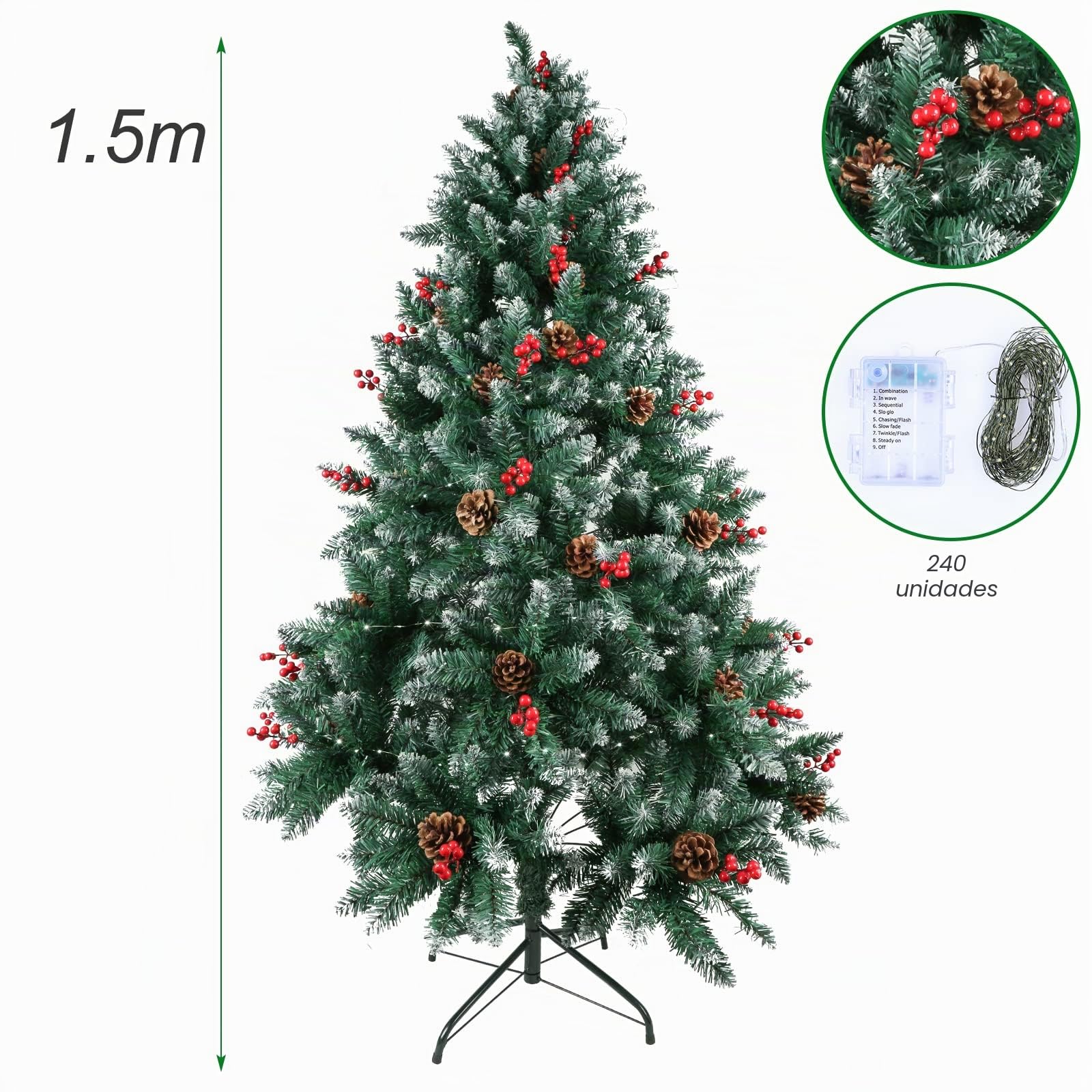 himaly Árbol de Navidad Pino Artificial 150cm PVC, 450 Puntas, Nieve Blanca Natural, Conos de Pino Real, Frutos Rojos, Soporte de Metal, Alambre de Cobre de 1.5M con lámpara 240