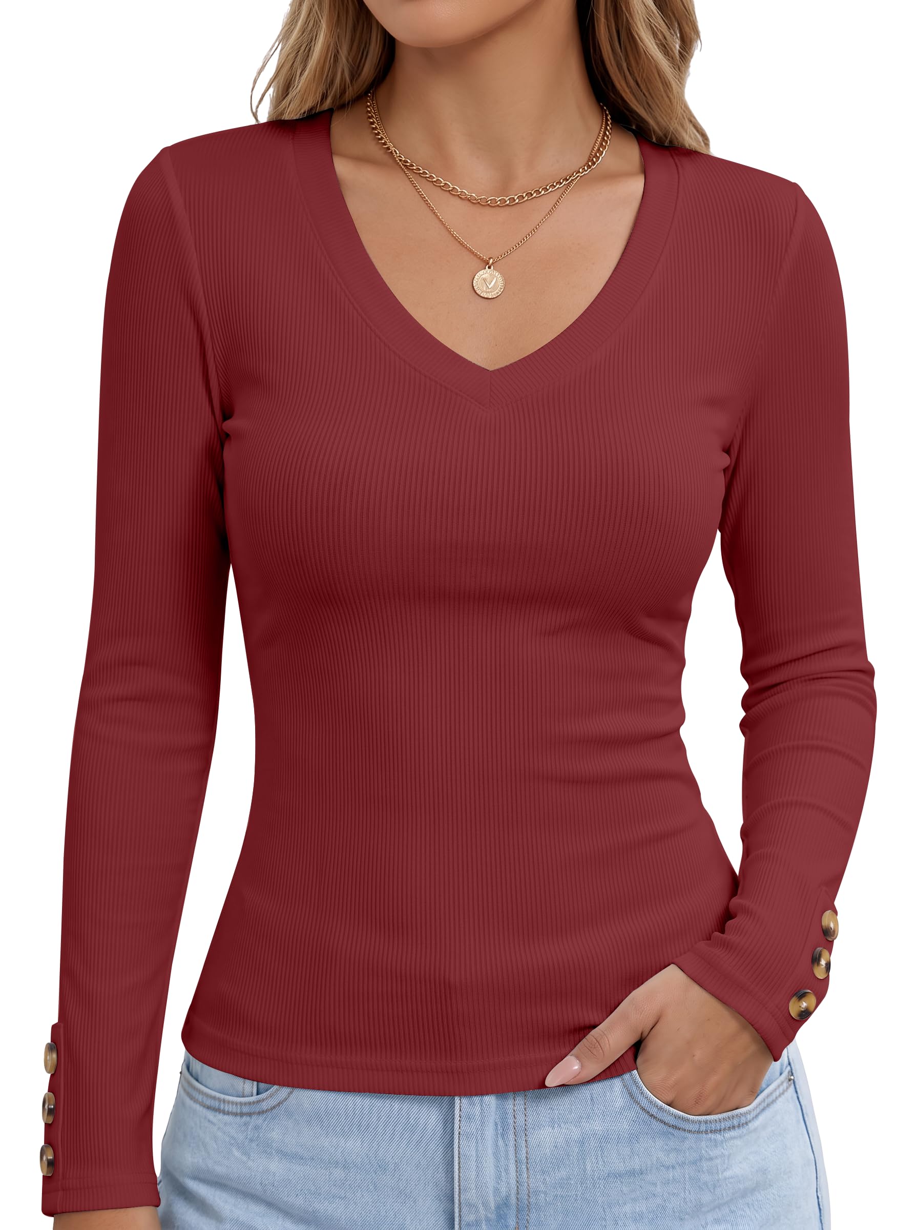 DUOEASE Langarmshirt Damen V Ausschnitt Knopfdekoration Basic | Weicher Rippenstoff,Angenehme Elastizität,Dekorative Knöpfe an den Ärmeln,körpernaher Sitz,Vielseitig Kombinierbar,Elegant