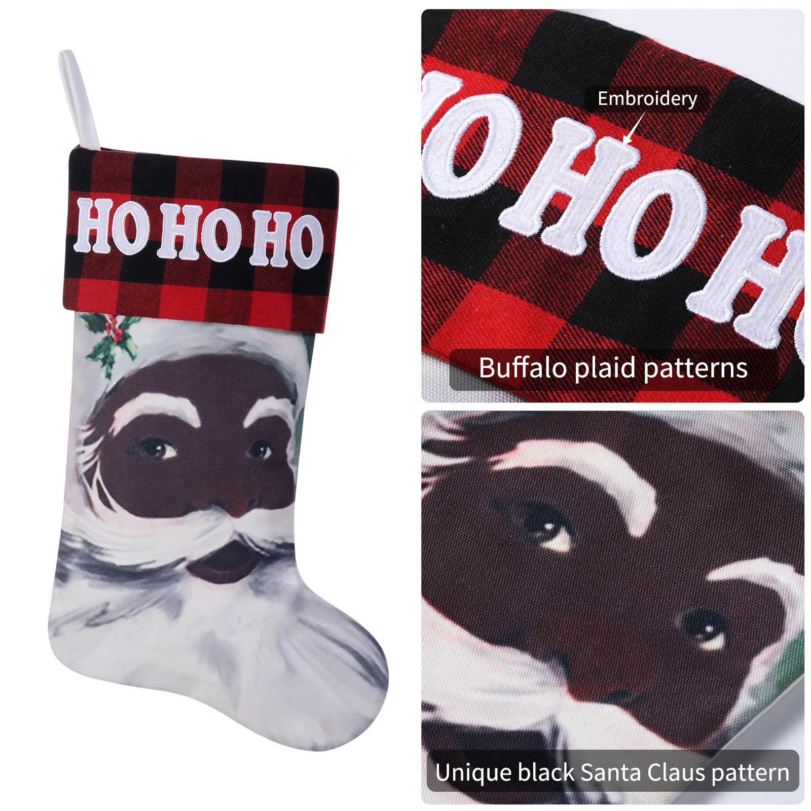 Calcetín de Navidad de Papá Noel negro de 19 pulgadas con bordado, Papá Noel afroamericano para decoración navideña