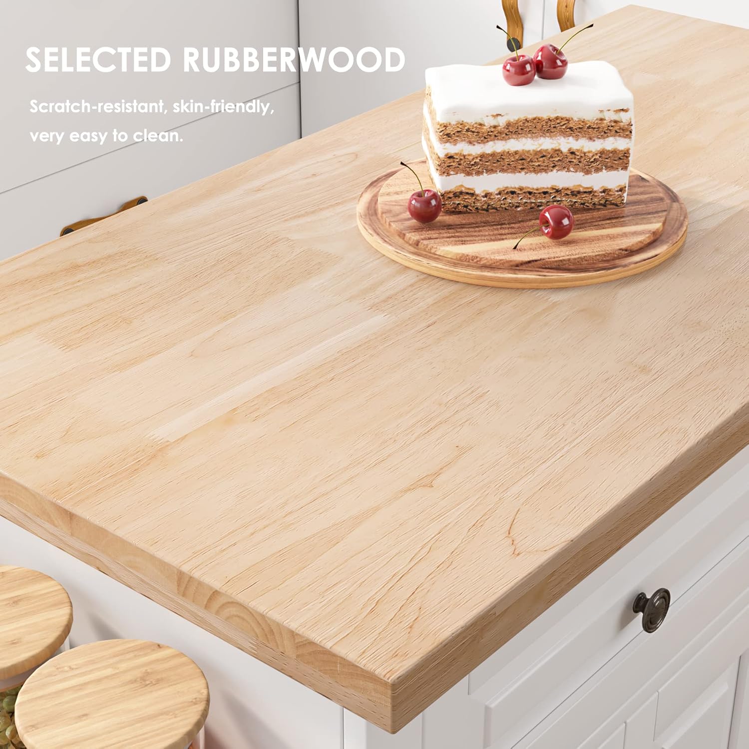 Kitchen Island on Wheels, 43“ Rolling Mobile Kitchen Island Cart with Drawers and Storage Cabinet, Kitchen Cart with Rubberwood Countertop and Spice Rack, Towel Rack, Adjustable Shelves, White : Home & Kitchen