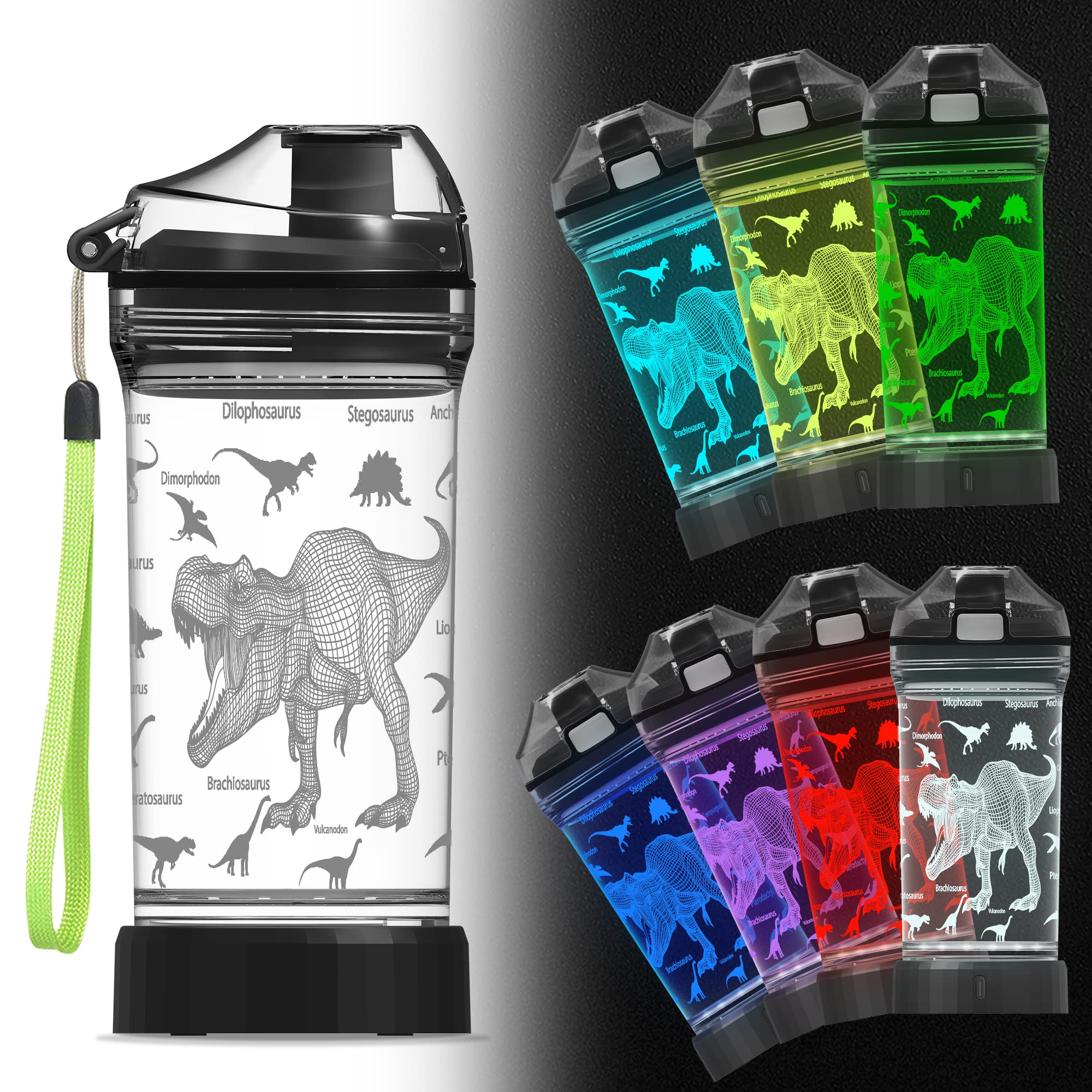 Bottiglia D'acqua Con Luce LED 3D Ammonite – Dinosauro Per Bambini – 400 Ml, Tritan BPA Free – Effetto Luminoso 7 Colori – Tazza Da Viaggio Giurassico