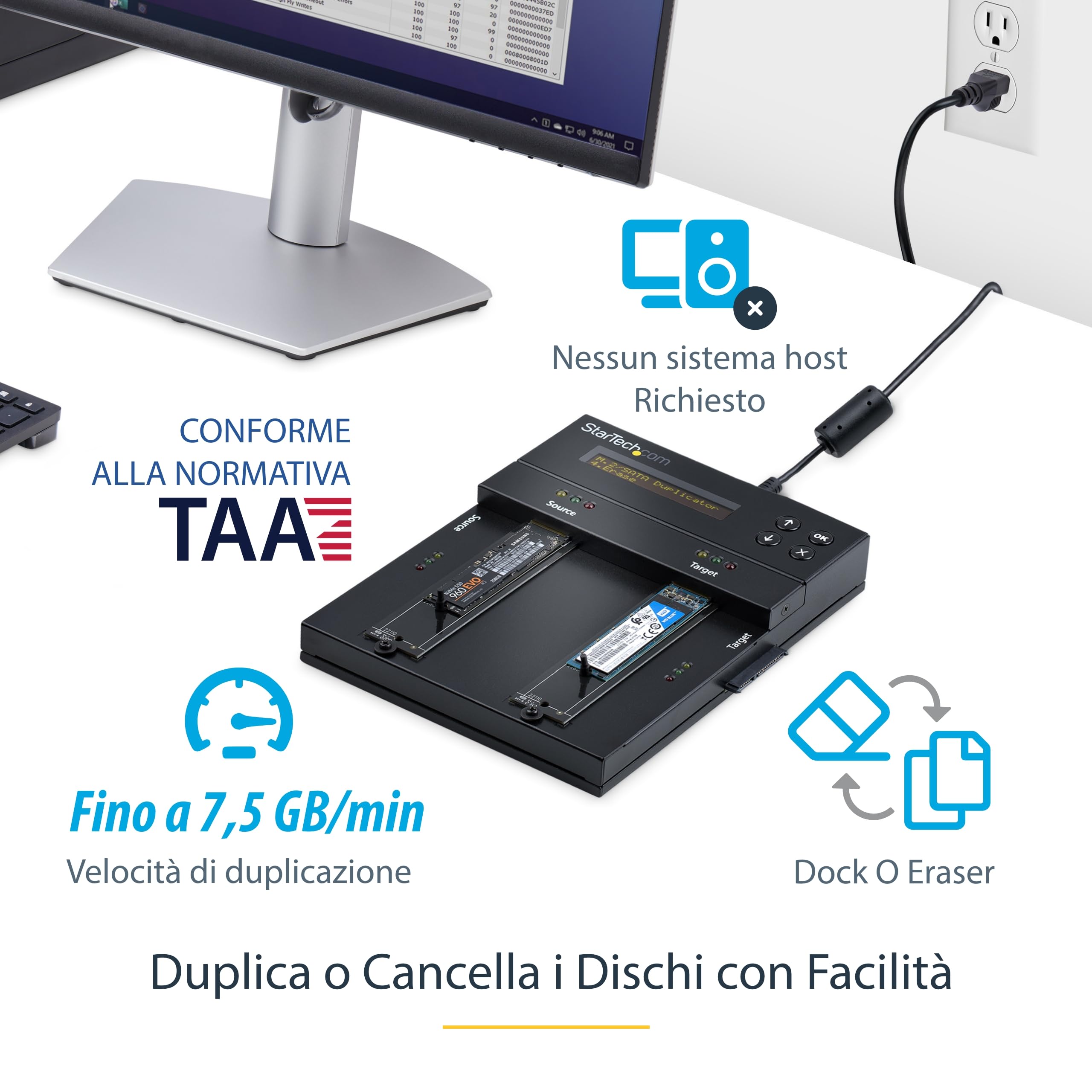 StarTech Duplicatore Eraser M.2 SATA/NVMe e SATA 2,5/3,5" 2 Baie 7,5GB/min | Display OSD Integrato, Compatibile M.2 PCIe, Funziona con Hard Disk e SSD, Indipendente da PC