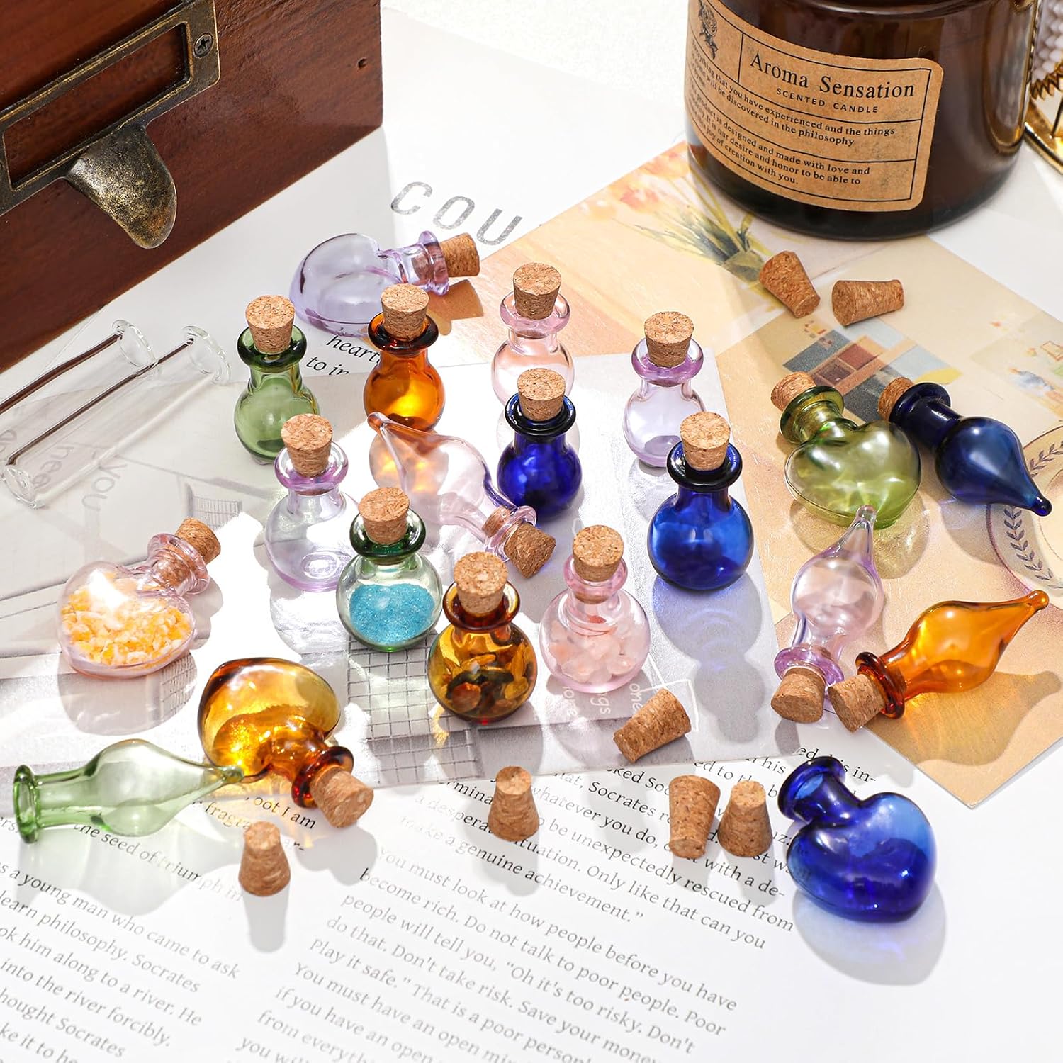 Patelai 50 Pcs Mini Glass Bottles Jars with Cork Stoppers Tiny Cork Glass Bottles Halloween Small Wishing Message Jars DIY Decor for Winter Christmas Party Wedding Baby Shower Favors(New Styles) image 4