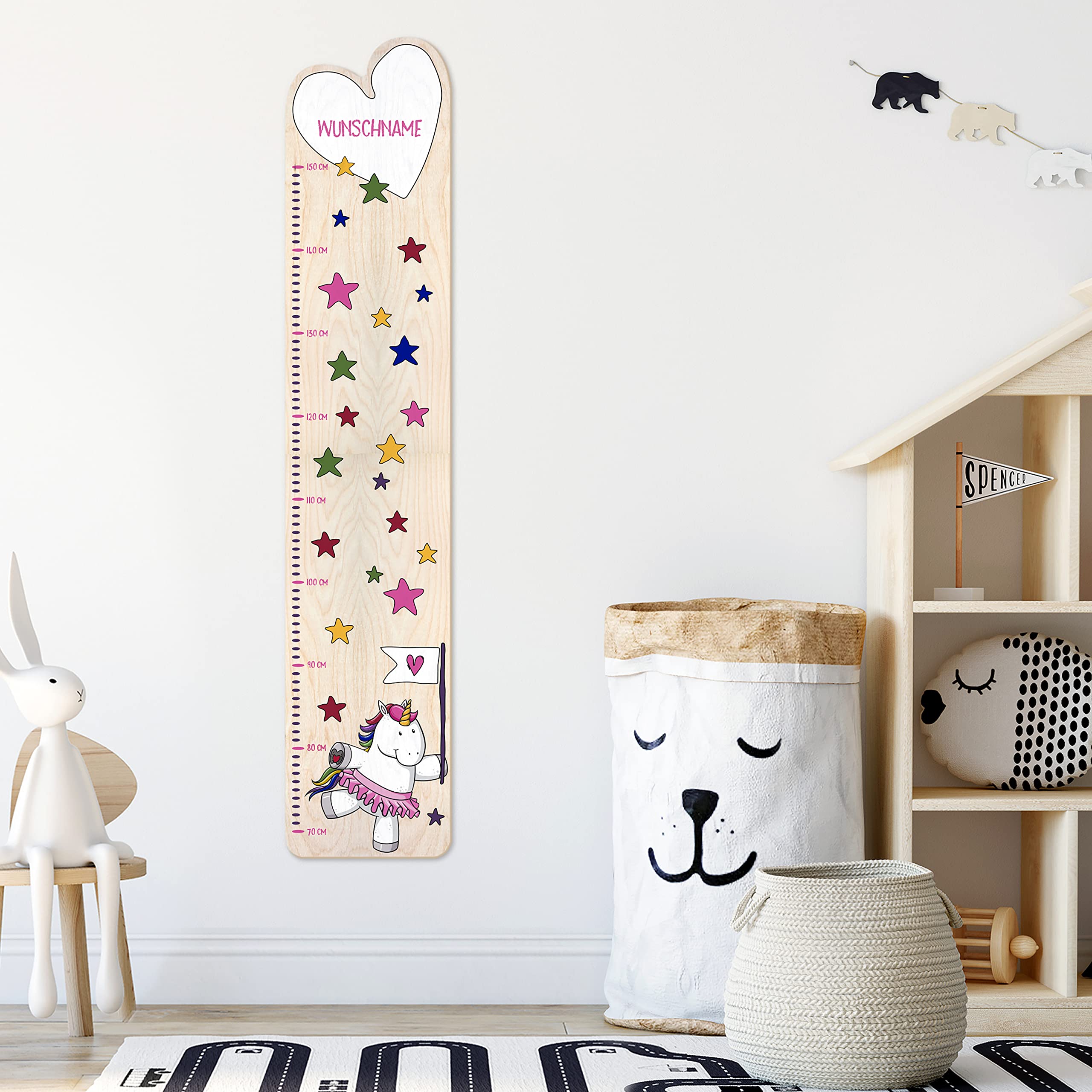 PrintPlanet® - Holz-Messlatte-Schmal mit Namen gestalten - Messlatte für Kinder personaliseren - Motiv: Einhorn