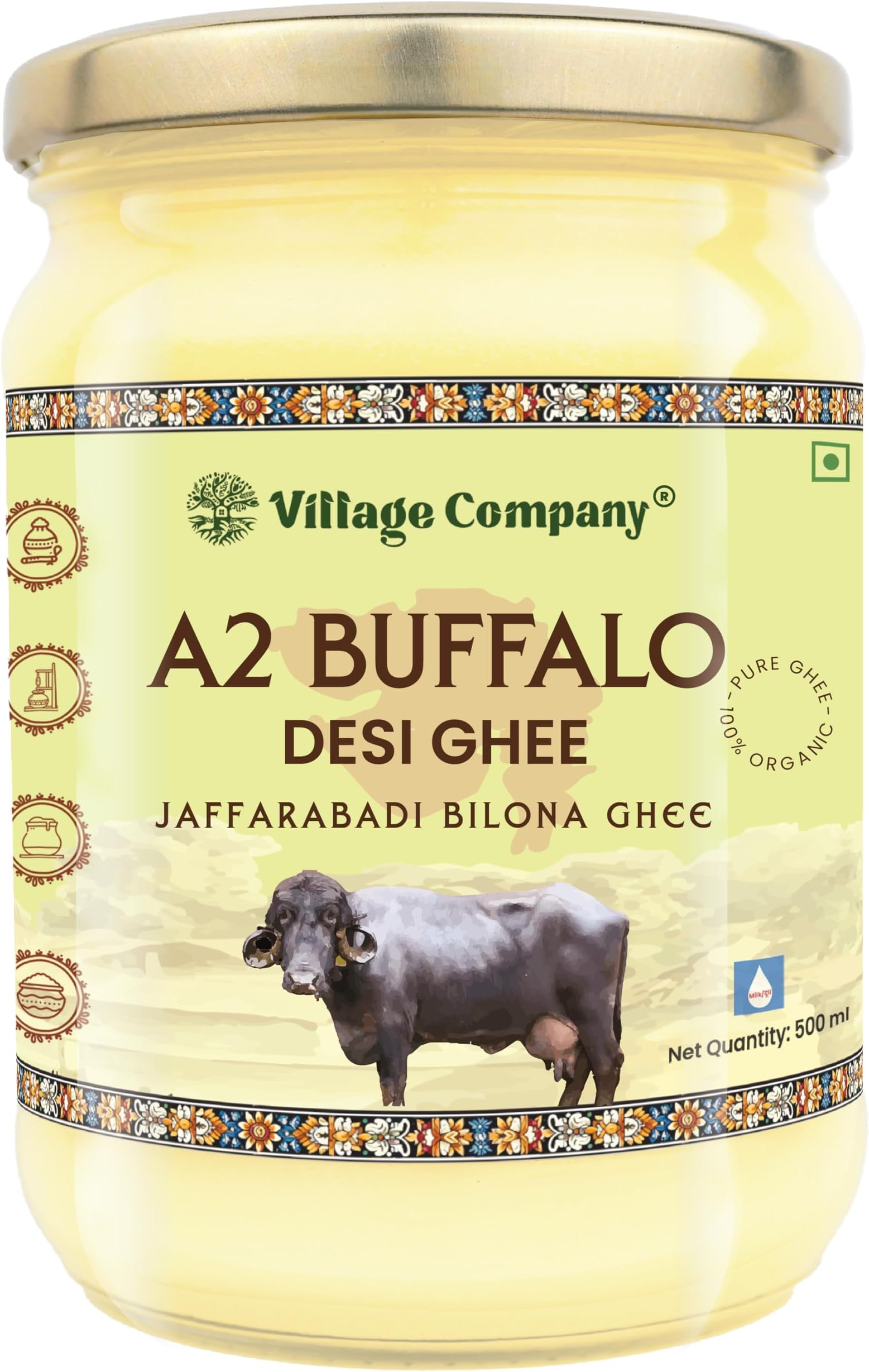 Village Company A2 Buffalo Desi Ghee 500ML | Ghee Vedic Bilona Method | Organic Pure Natural | Two Way Curd Churned - Best Farm Fresh Grass Fed Cattle Milk | India Lab Certified | Glass Jar Half Litre