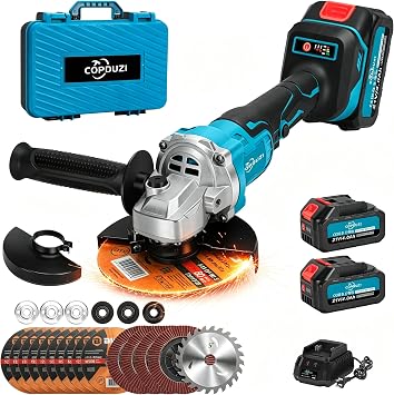 Cordless Angle Grinder 5", 21V Brushless Grinder Tool Kit with 2 x 4.0Ah Battery, 8000RPM Power Amoladora Inalambrica with 15pcs Cutting Discs for Metal Cutting, Grinding, Polishing
