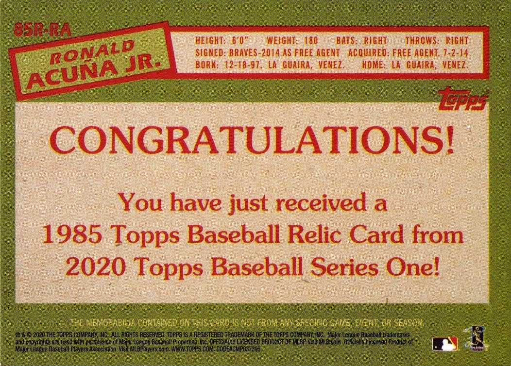 2020 Topps 1985 Relics #85R-RA Ronald Acuna Jr. Game Worn Braves Jersey Baseball Card