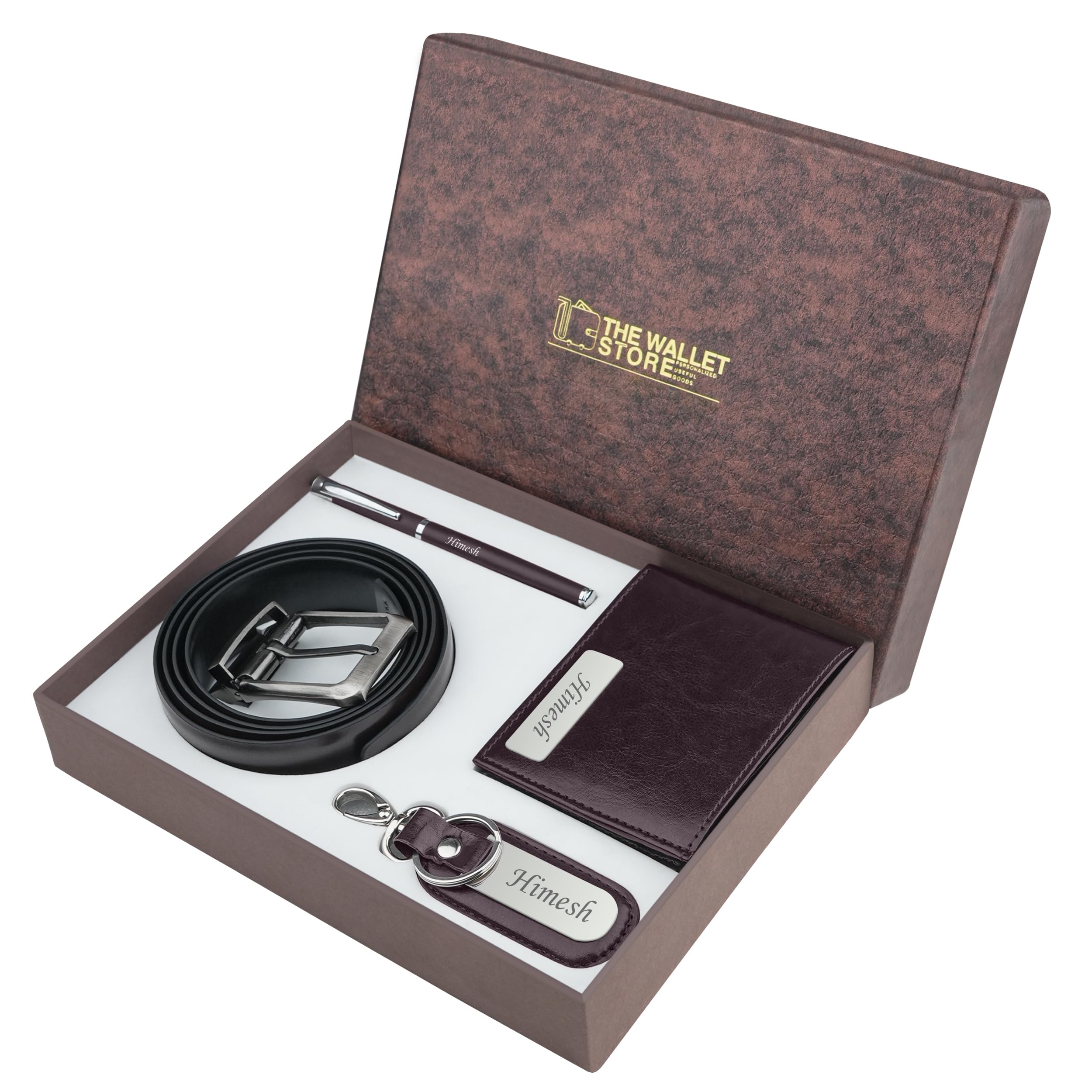 Personalized Wallet Pen Key Chain & Belt Combo Gift Set for Men | with Name | Vegan Leather | Best Combo for Brother, Husband, Father, Boyfriend, Etc (PN03-KC14-BT01-WL15-BRN), Black