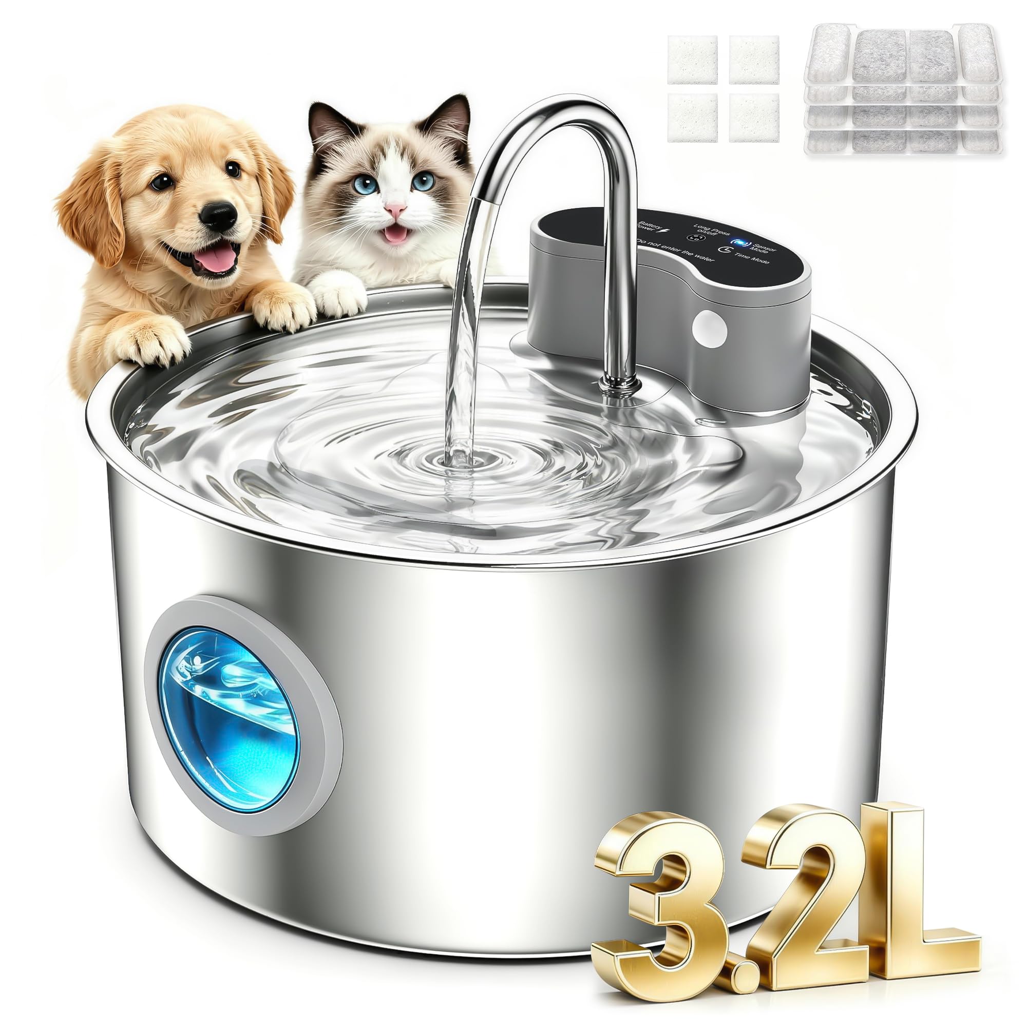 Fontanella Per Gatti Senza Fili, 3.2L Dispenser Acqua Gatti con Sensore | Fontana Gatto Batteria Acciaio, Pompa Silenziosa, Lavabile in Lavastoviglie, 4 Filtri e 4 Spugne, Gatti e Cani