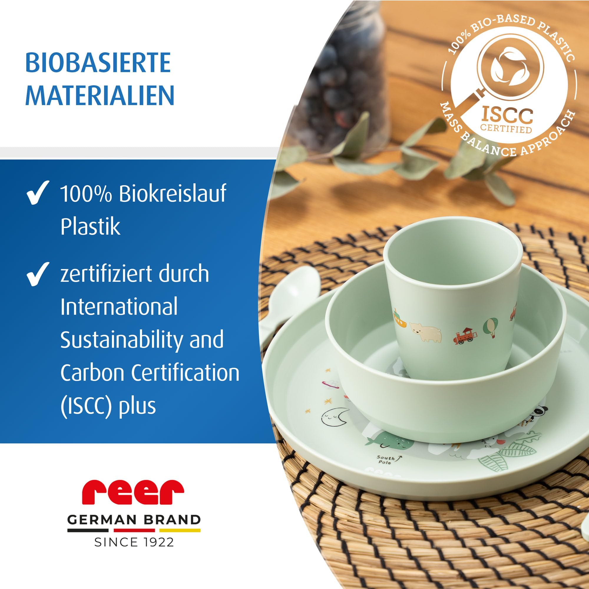 reer Kindergeschirr Set | Motiv: Little Explorer | Biokunststoff-Geschirr für Kleinkinder aus 100% ISCC-zertifiziertem Material | 5-teilig | BPA-frei | spülmaschinengeeignet