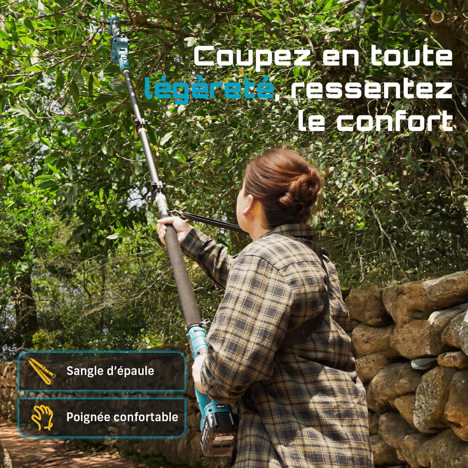 SEESII Sécateur Électrique Avec Perche, 2-en-1 Secateur Electrique Sans Fil Télescopique, Hauteur de Travail Jusqu’à 4,5 m (Base 1,8 m), Coupe 40 mm, 2× 4,0Ah Batteries, Lame SK5, Jardin/Arbres/Fleurs
