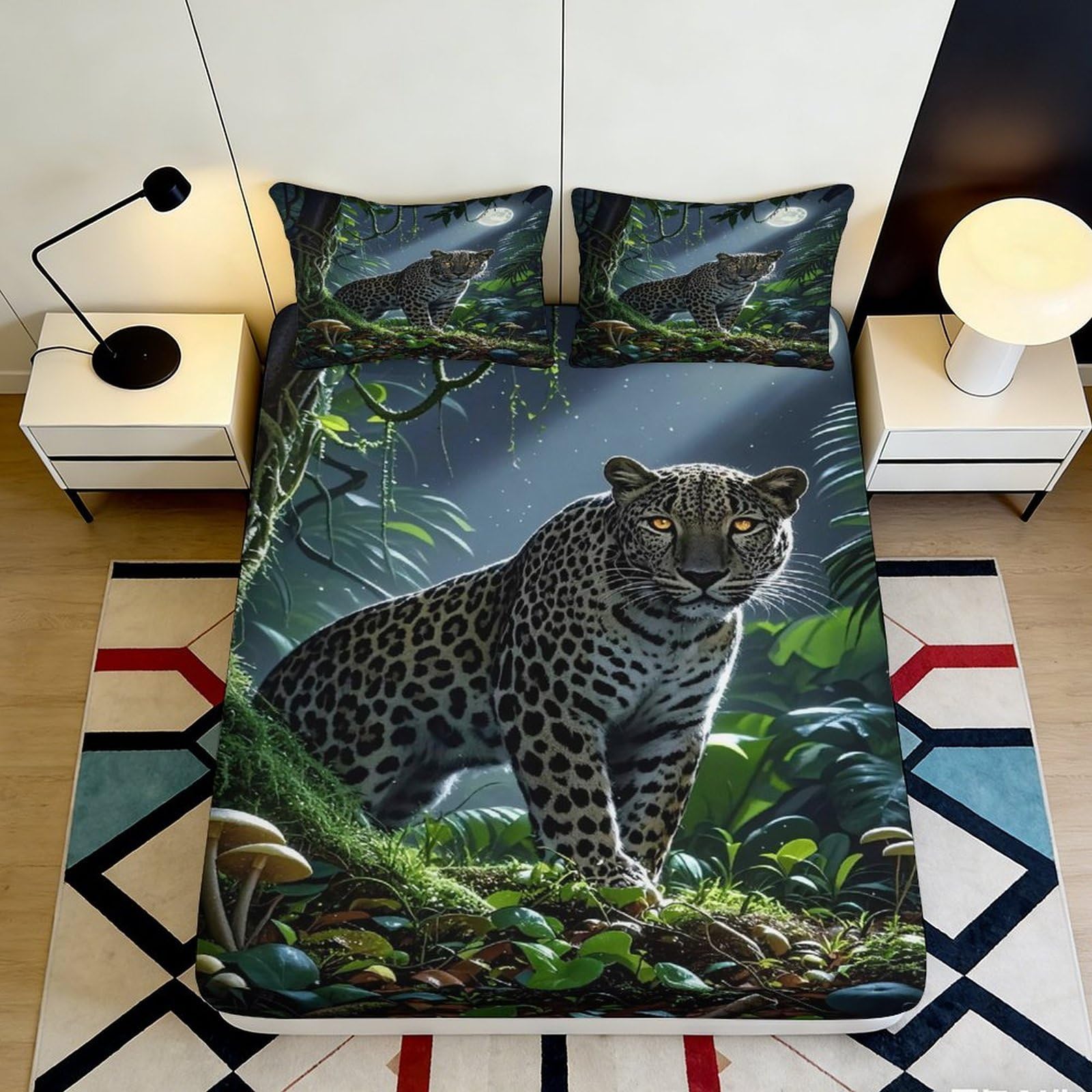 3D Printed Black Panther Fitted Sheet Microfiber Soft Durable Jungle Night Bed Cover for Bedroom Dormitory Guest Room Mattress Protection Decor 160x200x25cm