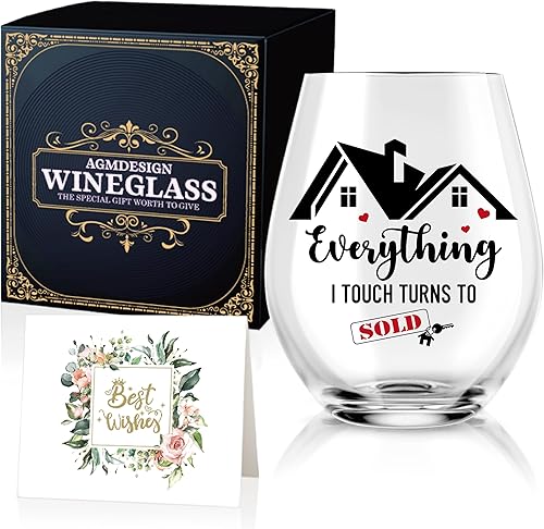 AGMDESIGN Everything I Touch Turns to Sold Copa de vino divertida con caja de regalo, regalo para agente de bienes raíces Ventas de copas de vino